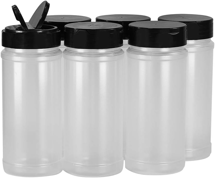 Pinnacle Mercantile 16oz. Large Seasoning Containers, Large Spice Containers and Big Spice Jars 16 Oz Plastic Square Jars with Black Flip Shaker Lids for Kitchen Organization, 6 Pack