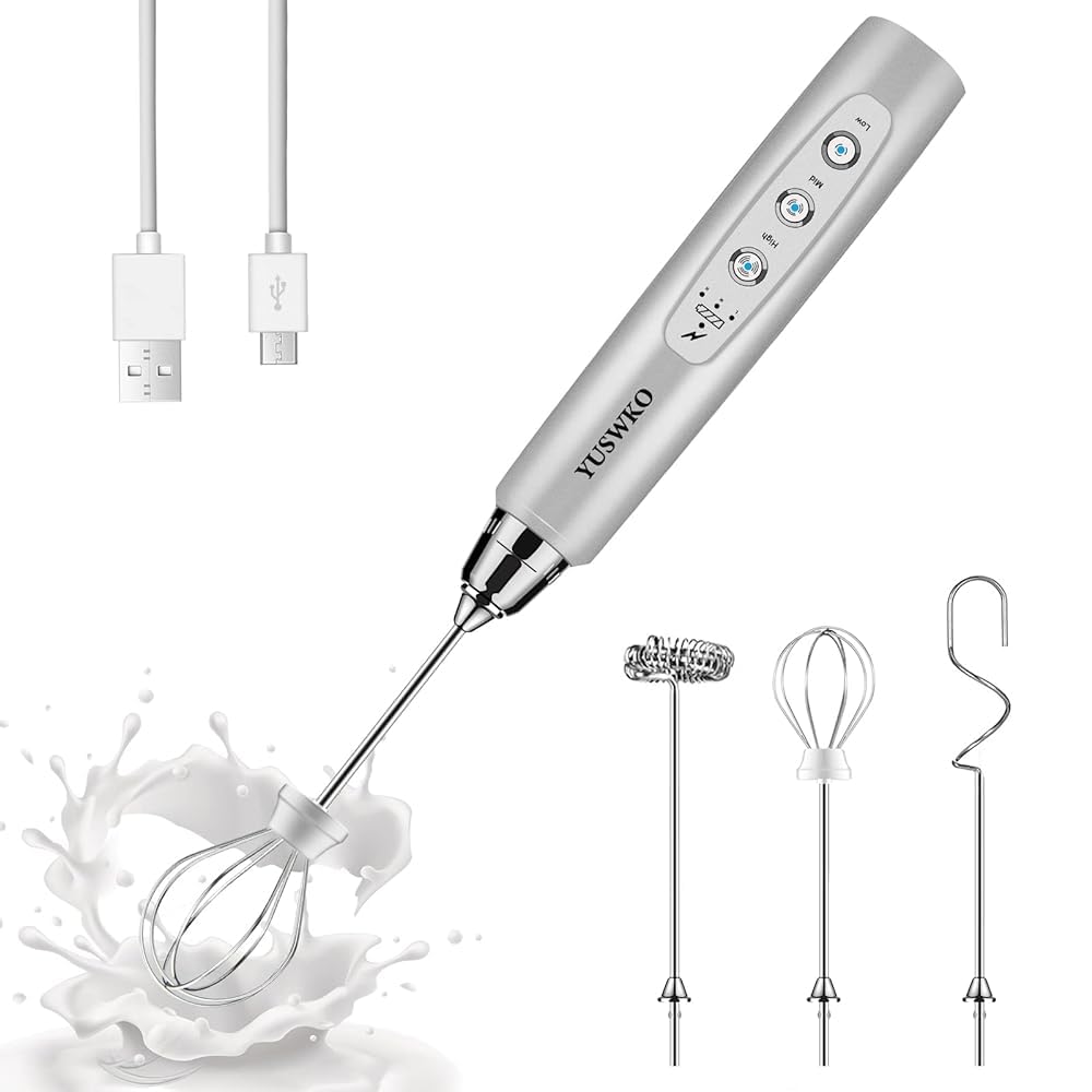 YUSWKO Handheld Milk Frother Wand for Coffee, Rechargeable Electric Whisk