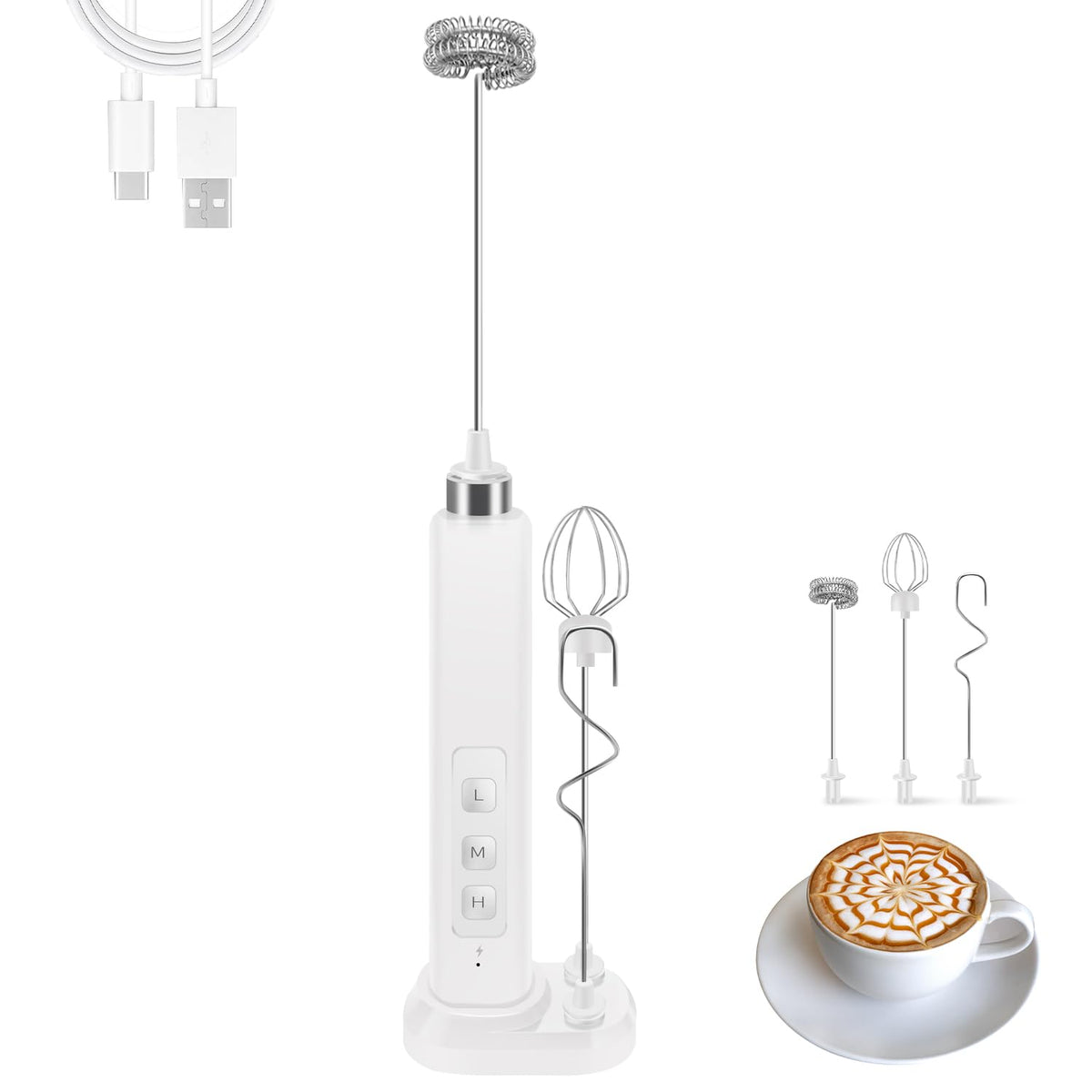 Rechargeable Milk Frother Handheld with 3 Detachable Stainless Whisks, 3 Speed Adjustable Drink Mixer, Mini Frother Wand for Coffee, Matcha, Protein Shakes, with Charging Base and Whisk Storage