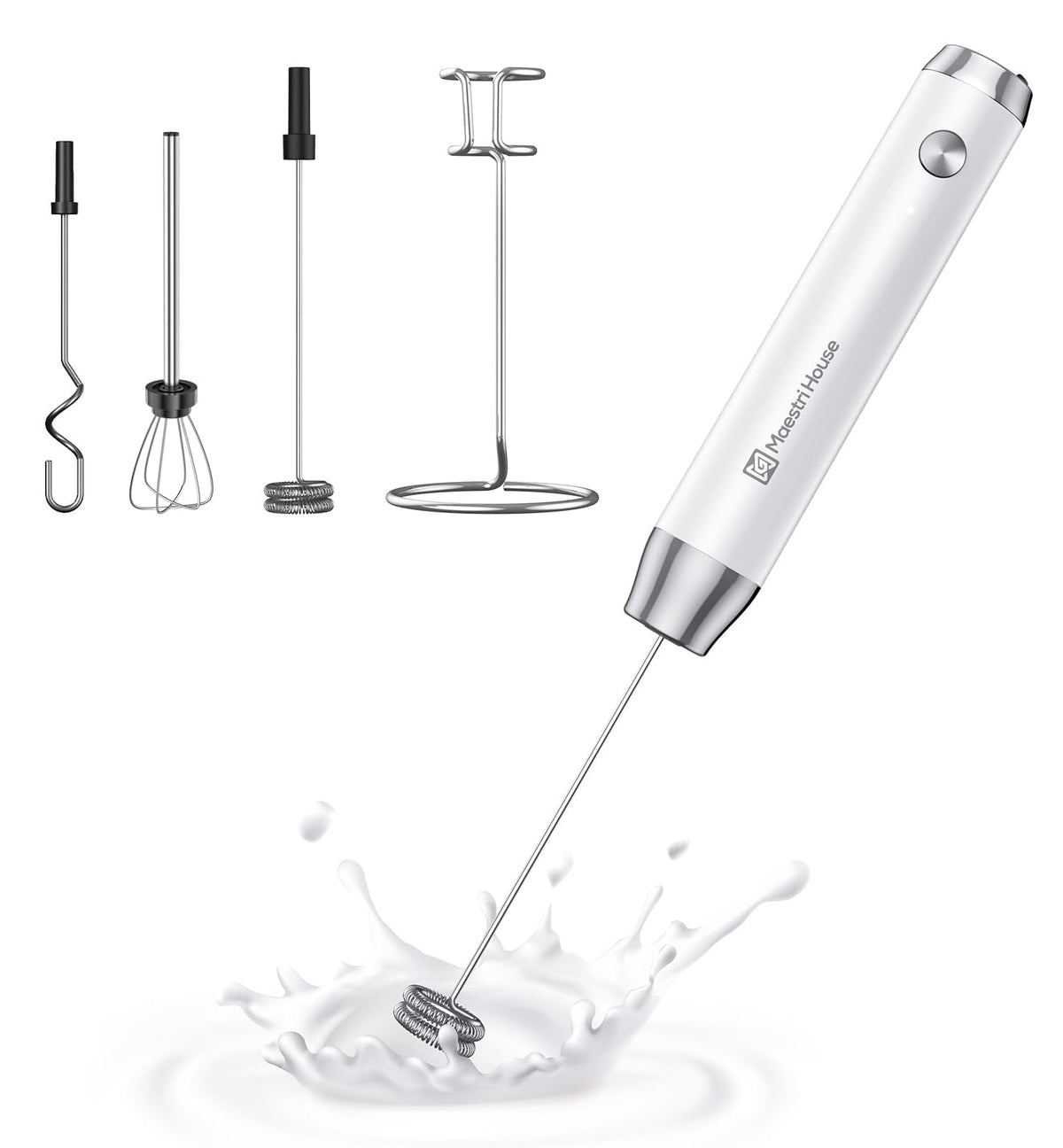 Maestri House Rechargeable Milk Frother,Stand & 3 Detachable Whisks