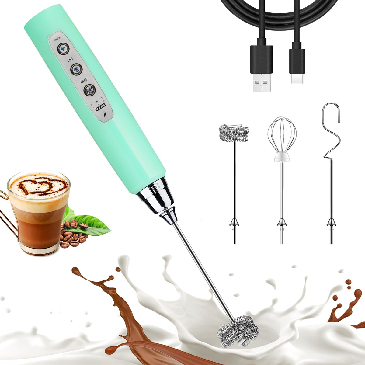 Nahida Black Milk Frother Wand for Coffee, Frother Handheld Rechargeable Electric Whisk Drink Mixer with 3 Heads 3 Speeds Coffee Frother Electric Stirrer For Latte, Cappuccino, Hot Chocolate