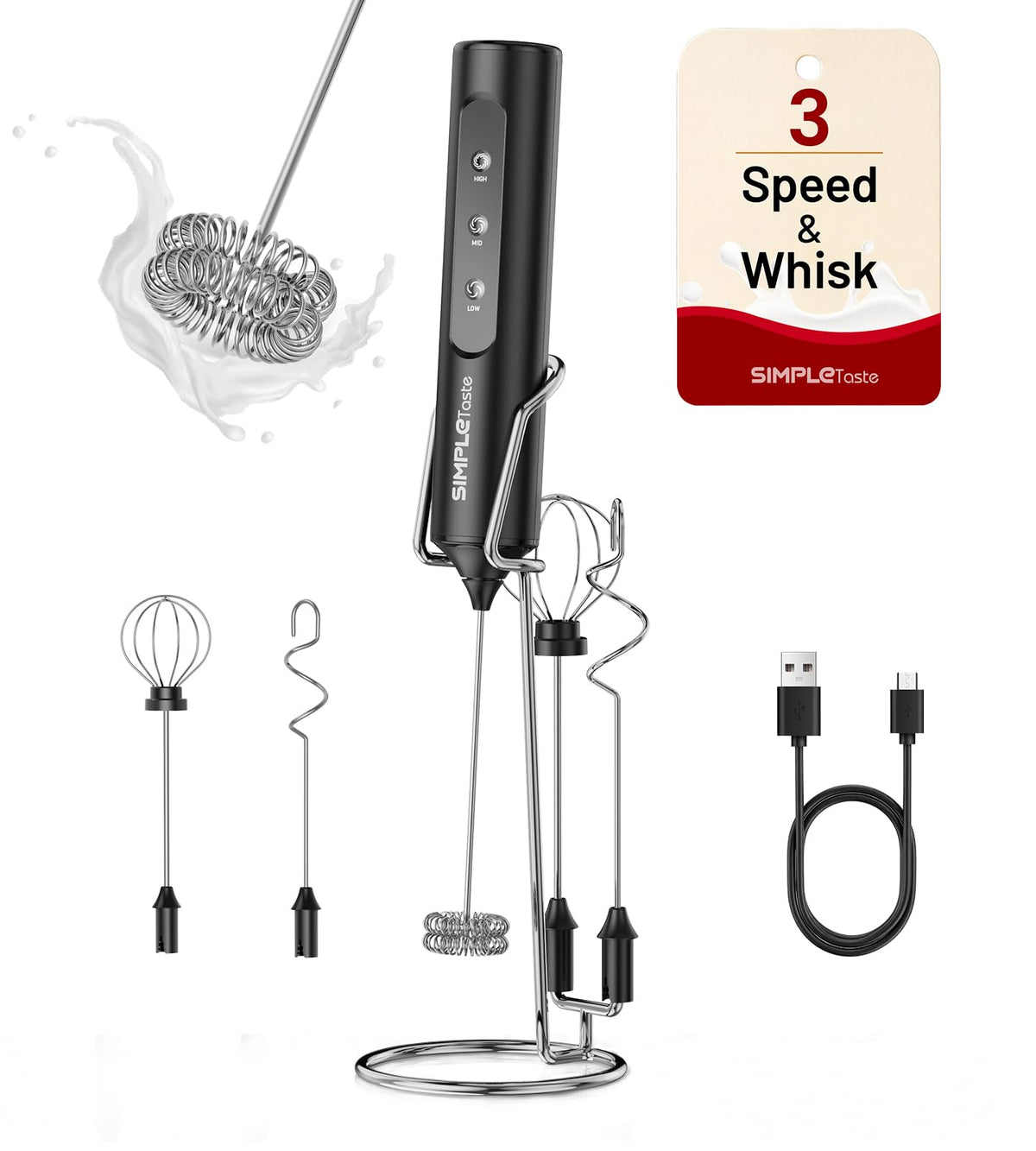 SIMPLETASTE 2-Speed Rechargeable Milk Frother Handheld