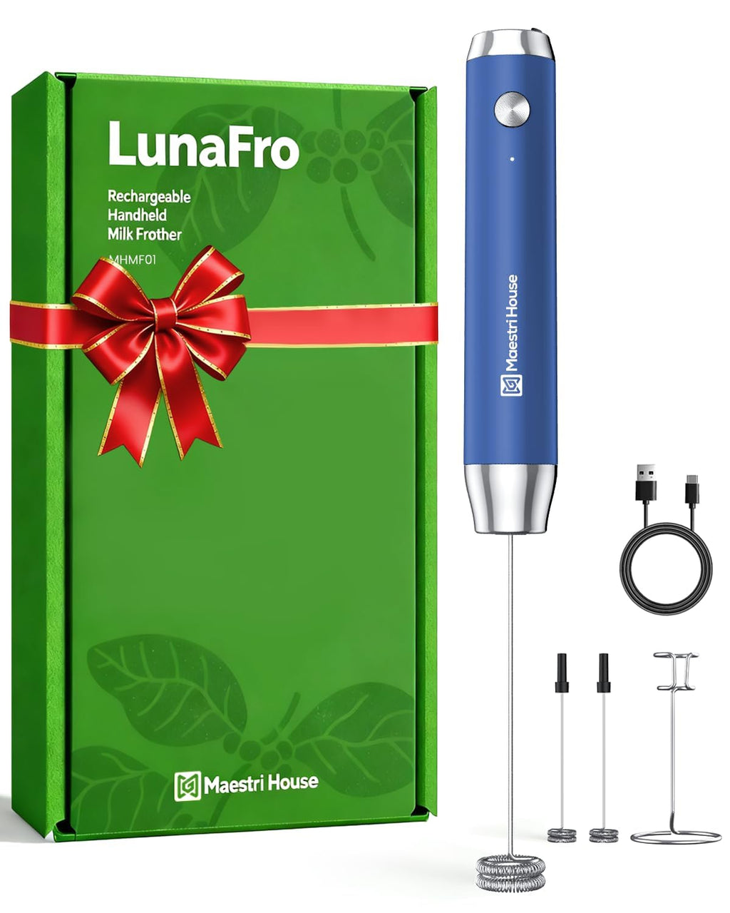 Maestri House LunaFro Rechargeable Milk Frother, Stand & 2 Detachable Whisk