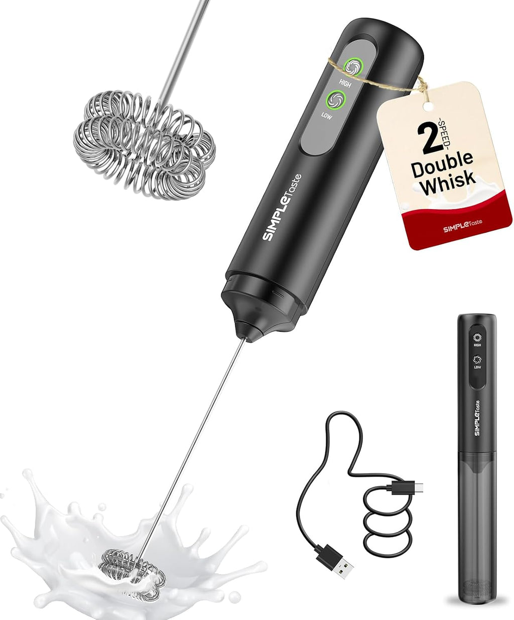 SIMPLETASTE 2-Speed Rechargeable Milk Frother Handheld