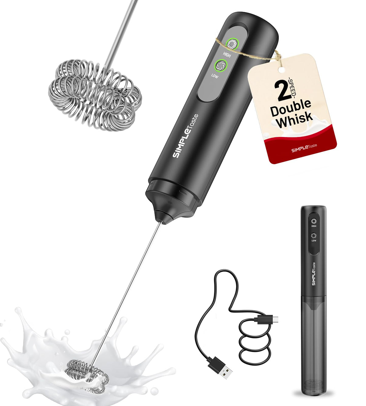 SIMPLETASTE 2-Speed Rechargeable Milk Frother Handheld