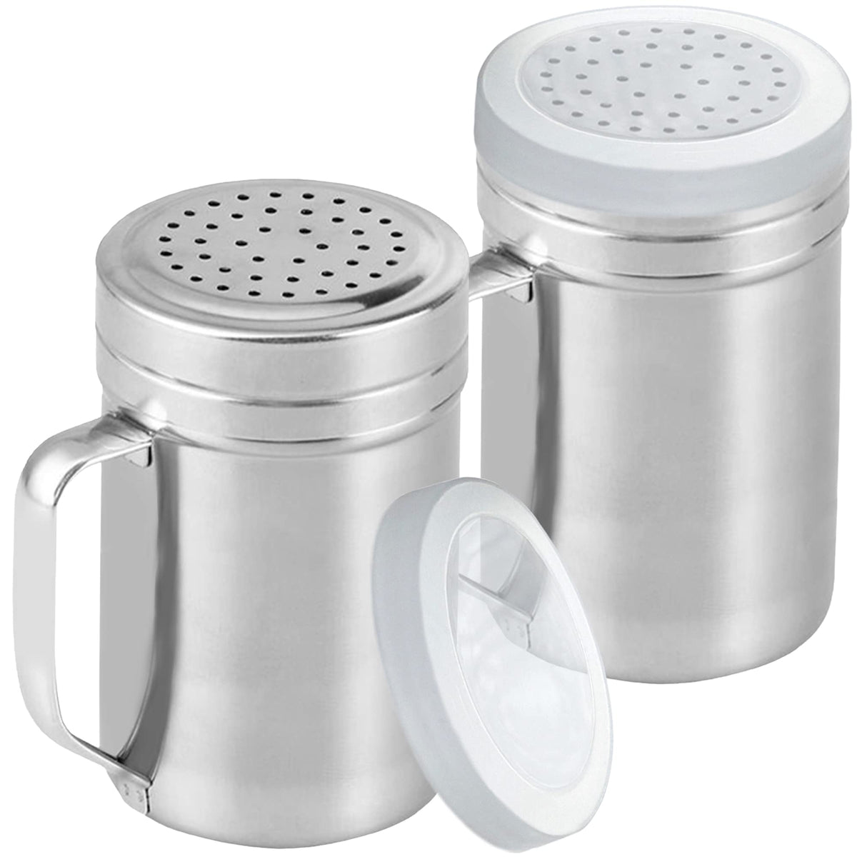 CUSINIUM Metal Salt Pepper Dredge Shakers - With Handle - Seasonings Spice Shakers With Holes and Lids - 10 Ounce, 2pcs | Style: Medium