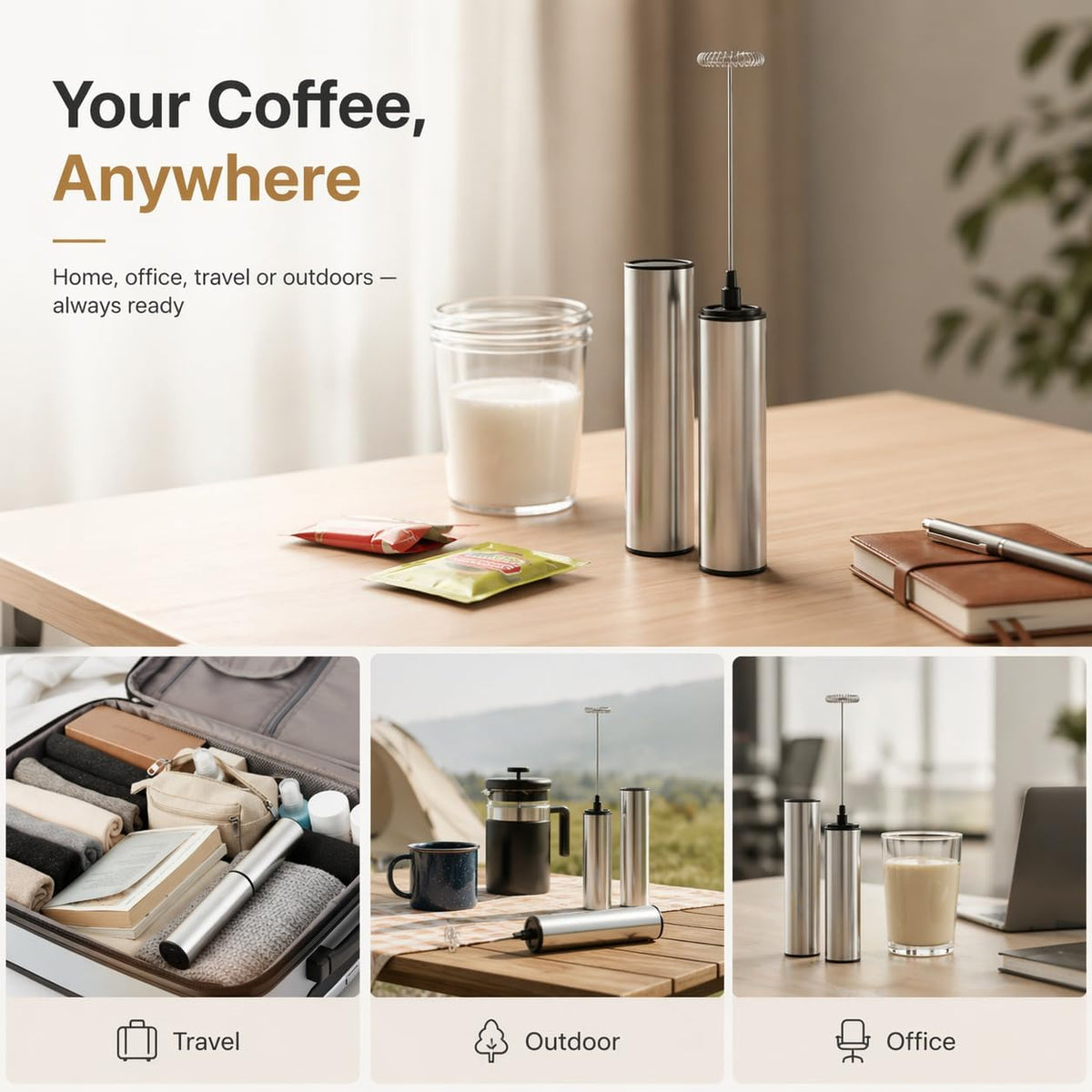 Rechargeable Milk Frother Battery Operated,2-Speed Portable Travel Frother,Electric Milk Foamer Coffee Frother for Latte, Cappuccino, Hot Chocolate Drink Mixer with Double Mini Whisks and USB Cable
