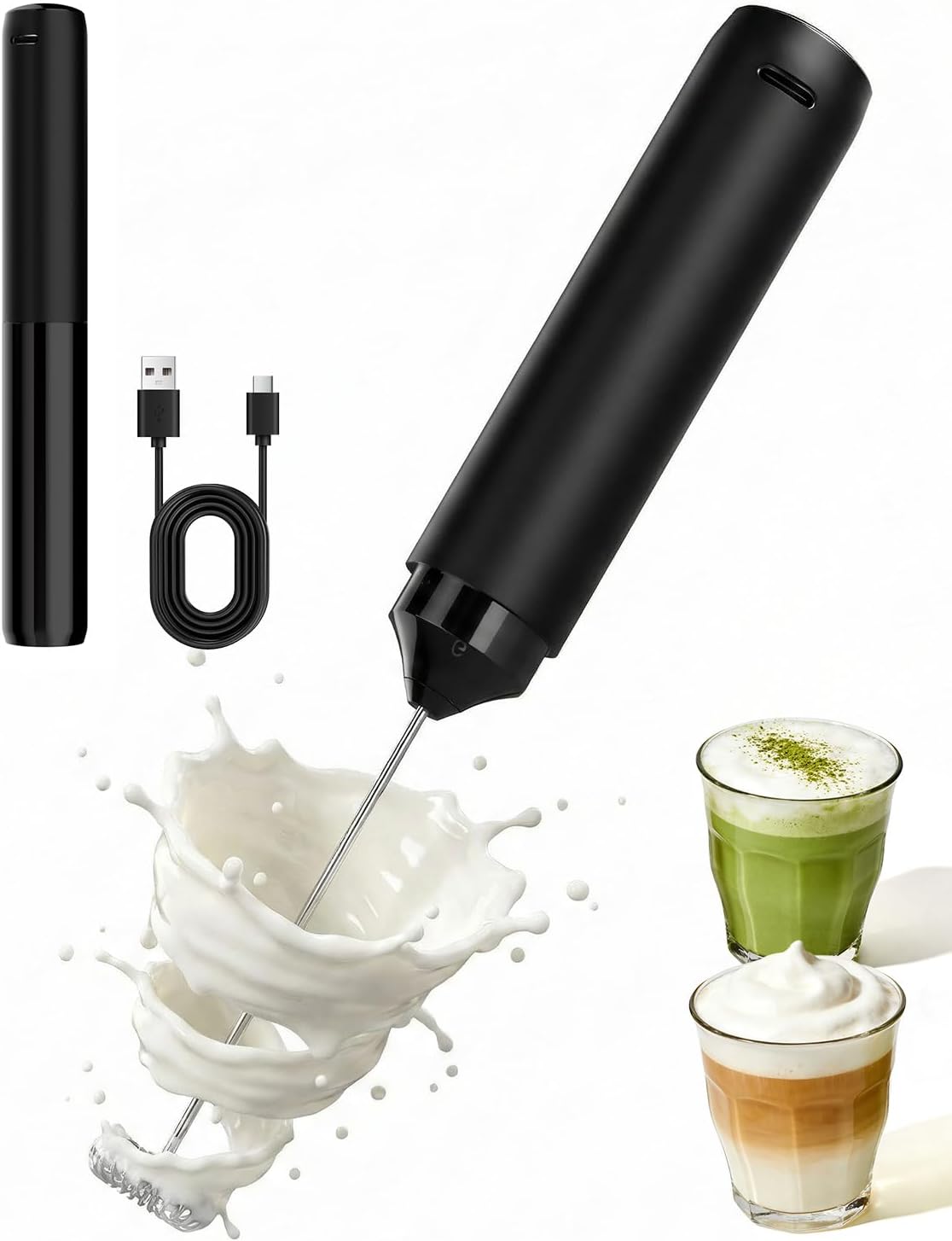 Rechargeable Milk Frother Handheld Electric Coffee Drink Mixer Wand with Stainless Steel Whisk and Portable Case for Cappuccino, Latte, Matcha, Hot Chocolate Black