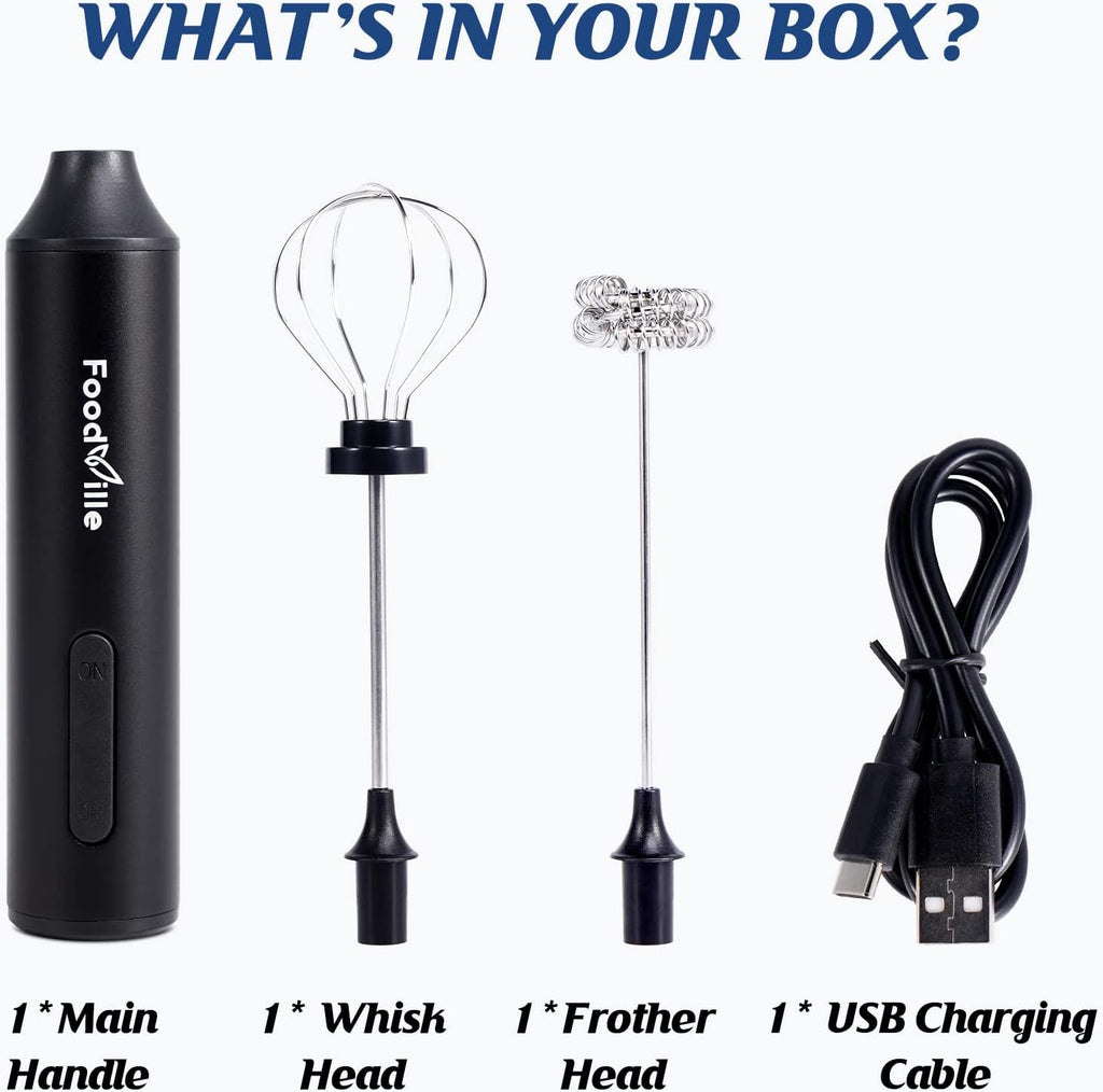 FoodVille MF05 Rechargeable Milk Frother USB Charging Handheld Foam Maker with Stainless Balloon Whisk for Cappuccino, Latte, Bulletproof Coffee, Keto Diet, Protein Powder, Matcha (Black)