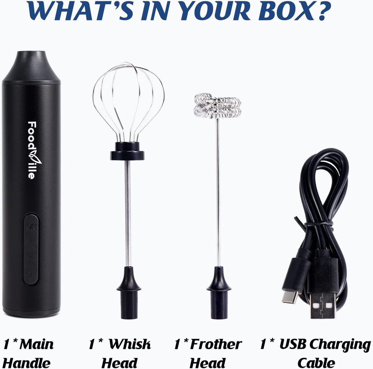 FoodVille MF05 Rechargeable Milk Frother USB Charging Handheld Foam Maker with Stainless Balloon Whisk for Cappuccino, Latte, Bulletproof Coffee, Keto Diet, Protein Powder, Matcha (Black)