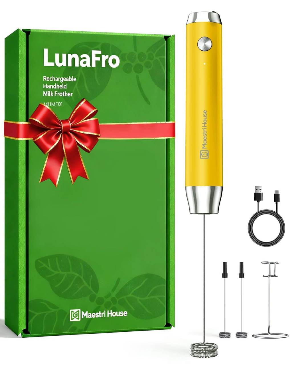 Maestri House LunaFro Rechargeable Milk Frother, Stand & 2 Detachable Whisk