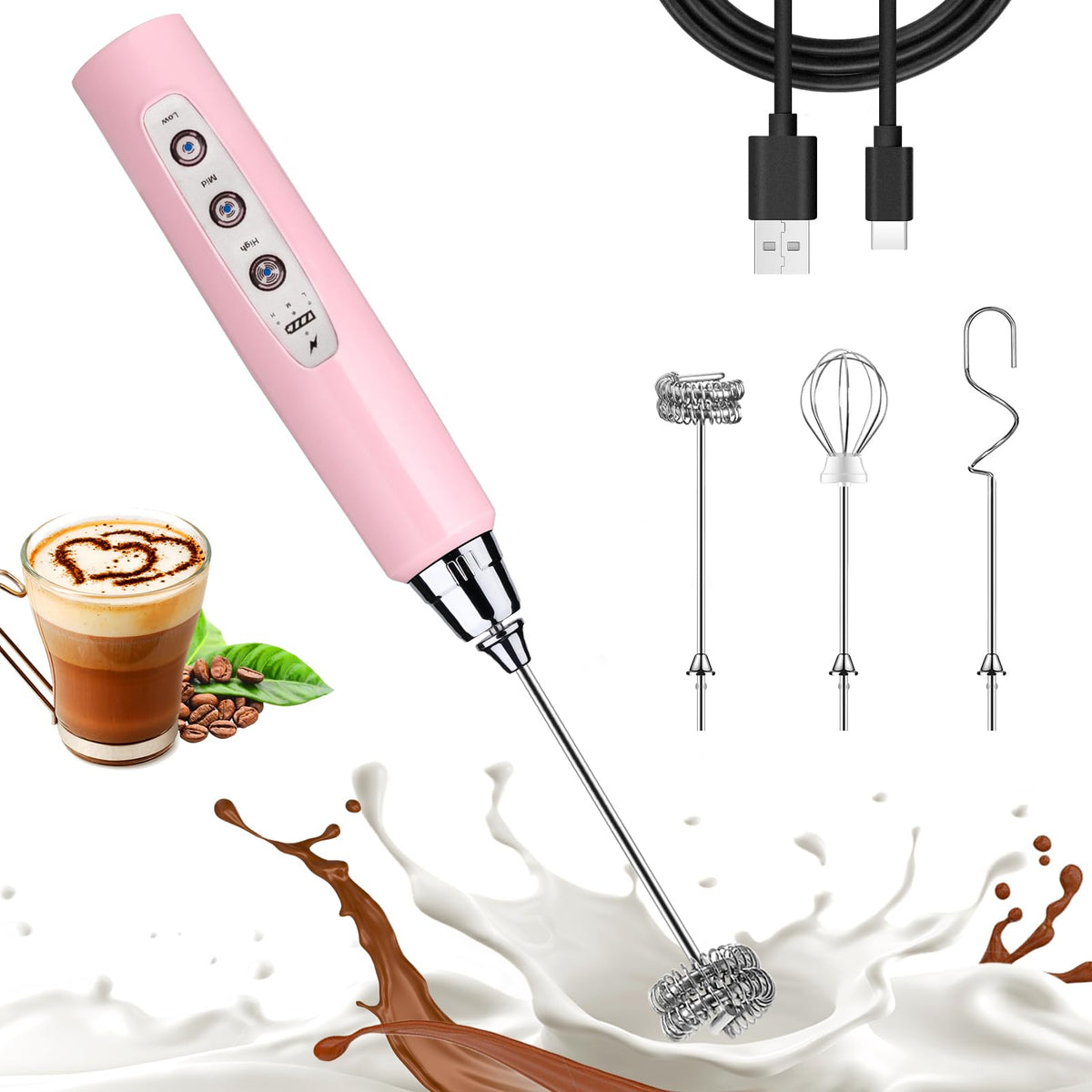 Nahida Black Milk Frother Wand for Coffee, Frother Handheld Rechargeable Electric Whisk Drink Mixer with 3 Heads 3 Speeds Coffee Frother Electric Stirrer For Latte, Cappuccino, Hot Chocolate