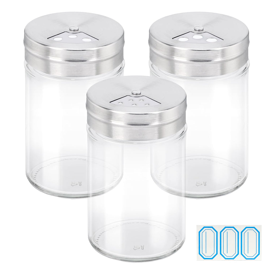 Segarty Spice Jars, 3 Pack 3 oz Spice Bottles with Shaker Lids, Glass Empty Seasoning Containers with Adjustable Pour Holes for Kitchen Spice Storage Stainless Steel Flow Top Salt and Pepper Shakers