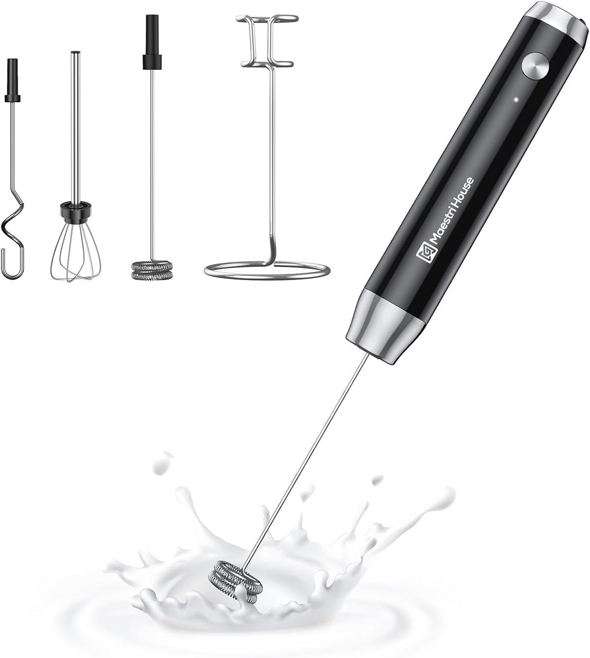 Maestri House Rechargeable Milk Frother,Stand & 3 Detachable Whisks