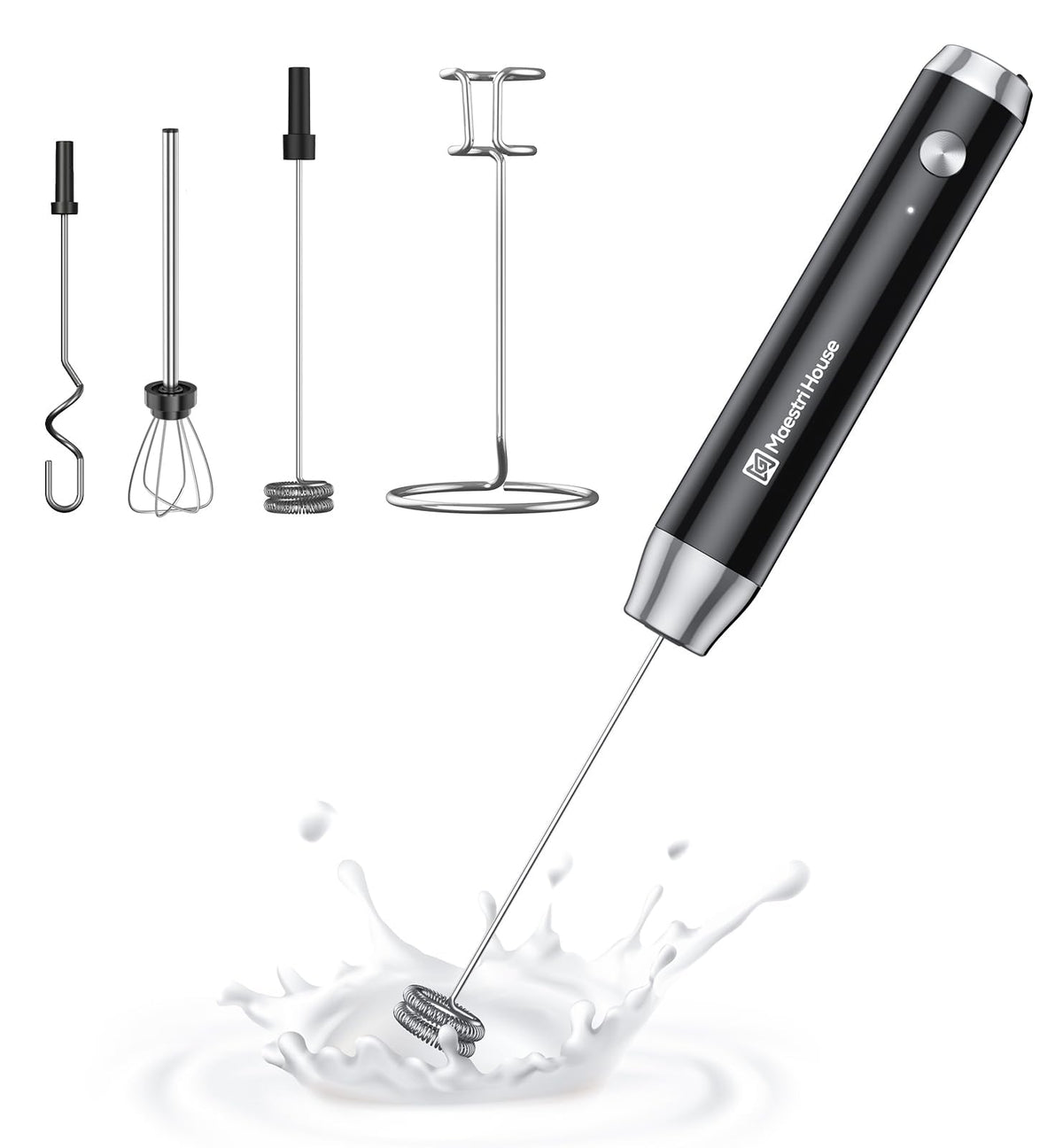 Maestri House Rechargeable Milk Frother,Stand & 3 Detachable Whisks