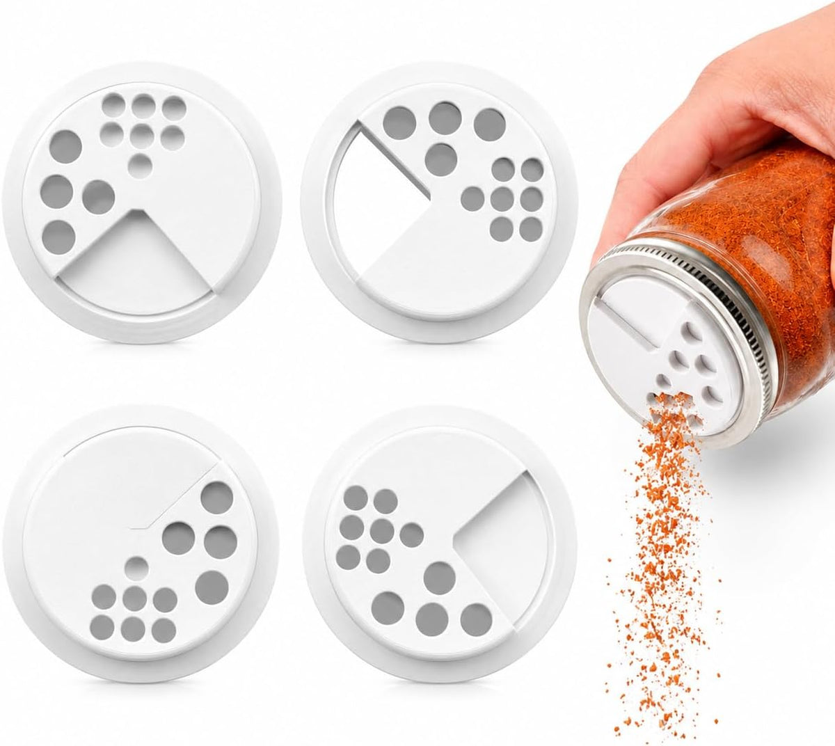 Adjustable Spice Shaker Lids for Mason Jars | 4 Pack Plastic Seasoning Jar Lids with Shaker & Pour Options | Refillable Spice Dispenser Tops for Herbs, Salt & Pepper (Regular Mouth Lids)
