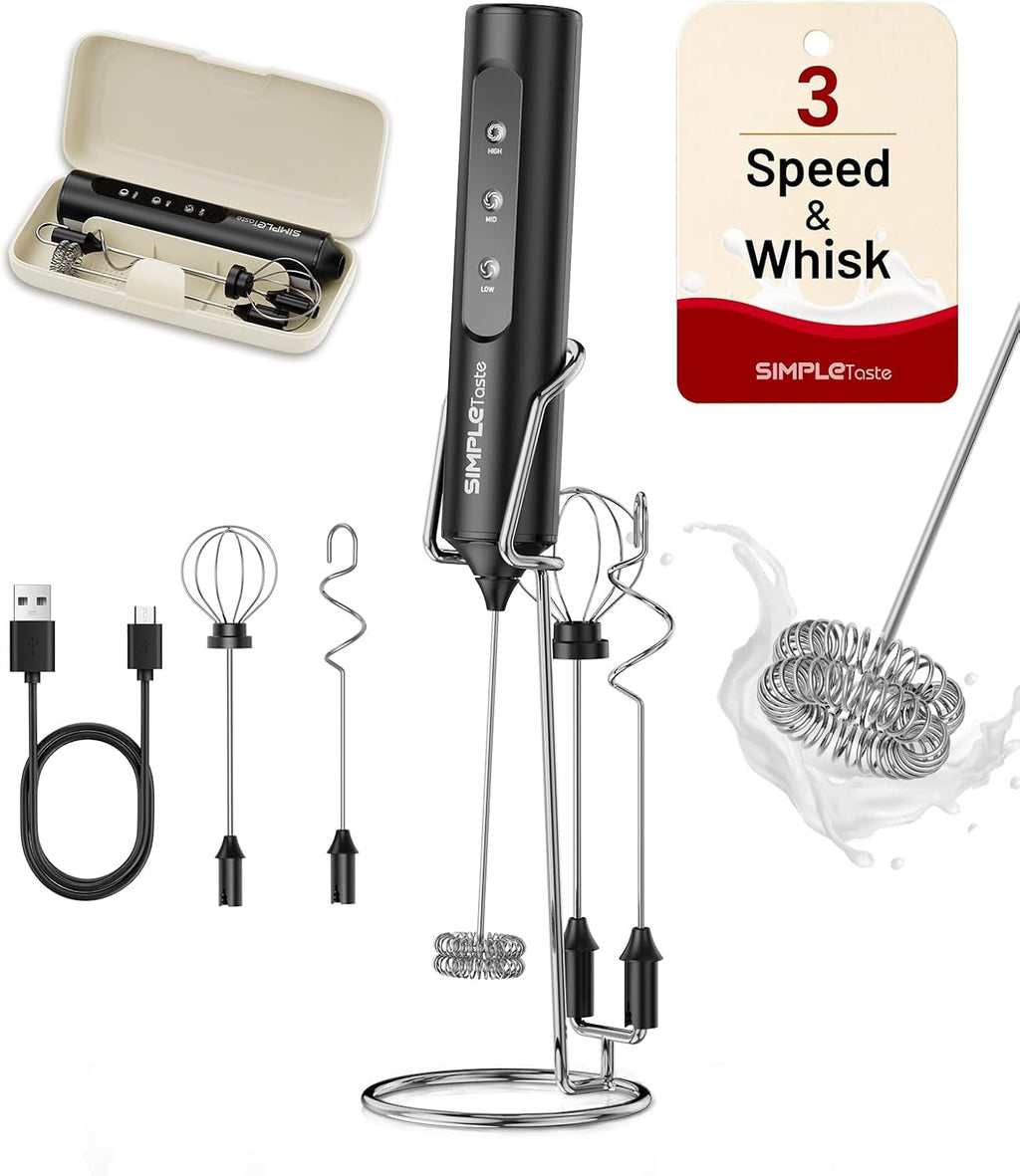 SIMPLETASTE Rechargeable Handheld Milk Frother Wand with Stand