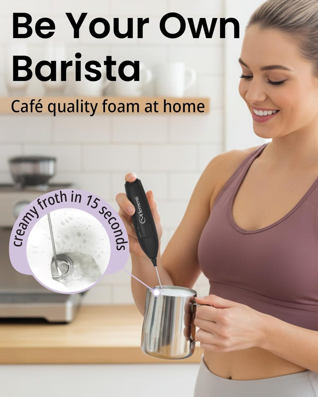 Elementi Frother Wand – Powerful Milk Frother & Coffee Stirrers Electric, Matcha Whisk for Dreamy Lattes, Powerful Coffee Mixer Wand & Blender Stirrer - Make Creamy Cappuccinos at Home (Black)