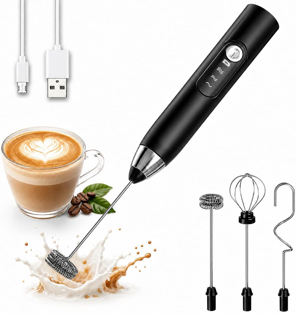 Handheld Milk Frother Wand for Coffee, Electric Whisk with 3 Heads