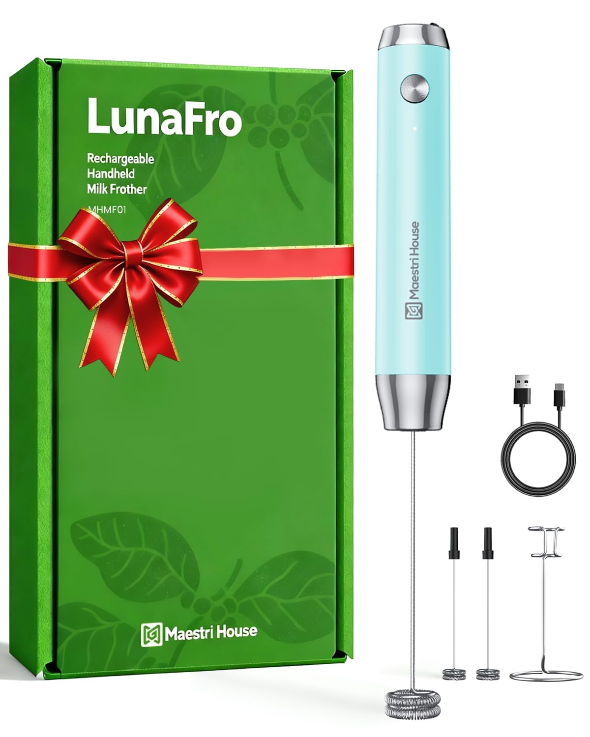 Maestri House LunaFro Rechargeable Milk Frother, Stand & 2 Detachable Whisk