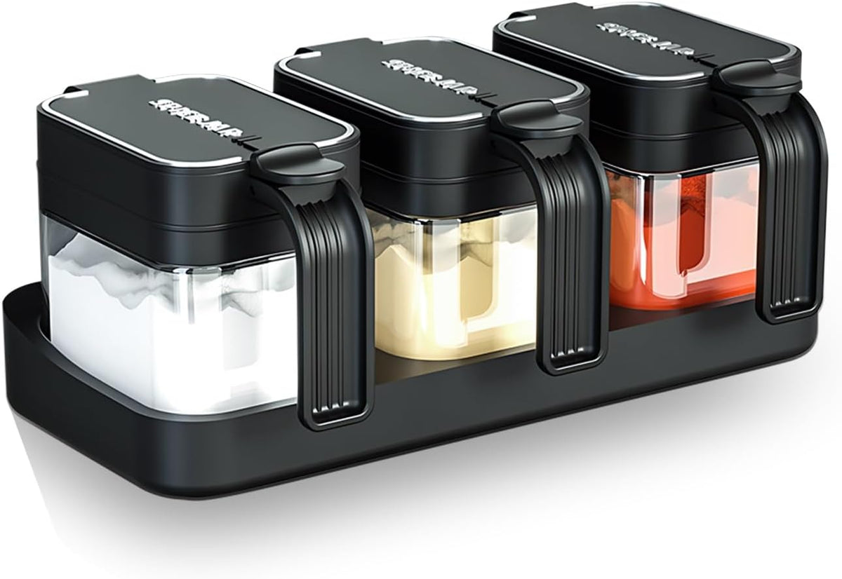 3 Pack Condiment Jars, Wall Mounted Seasoning Containers with Spoons, Black
