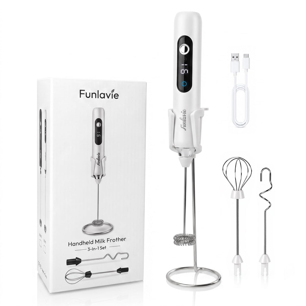 Rechargeable Handheld Milk Frother Wand with 3 Detachable Heads