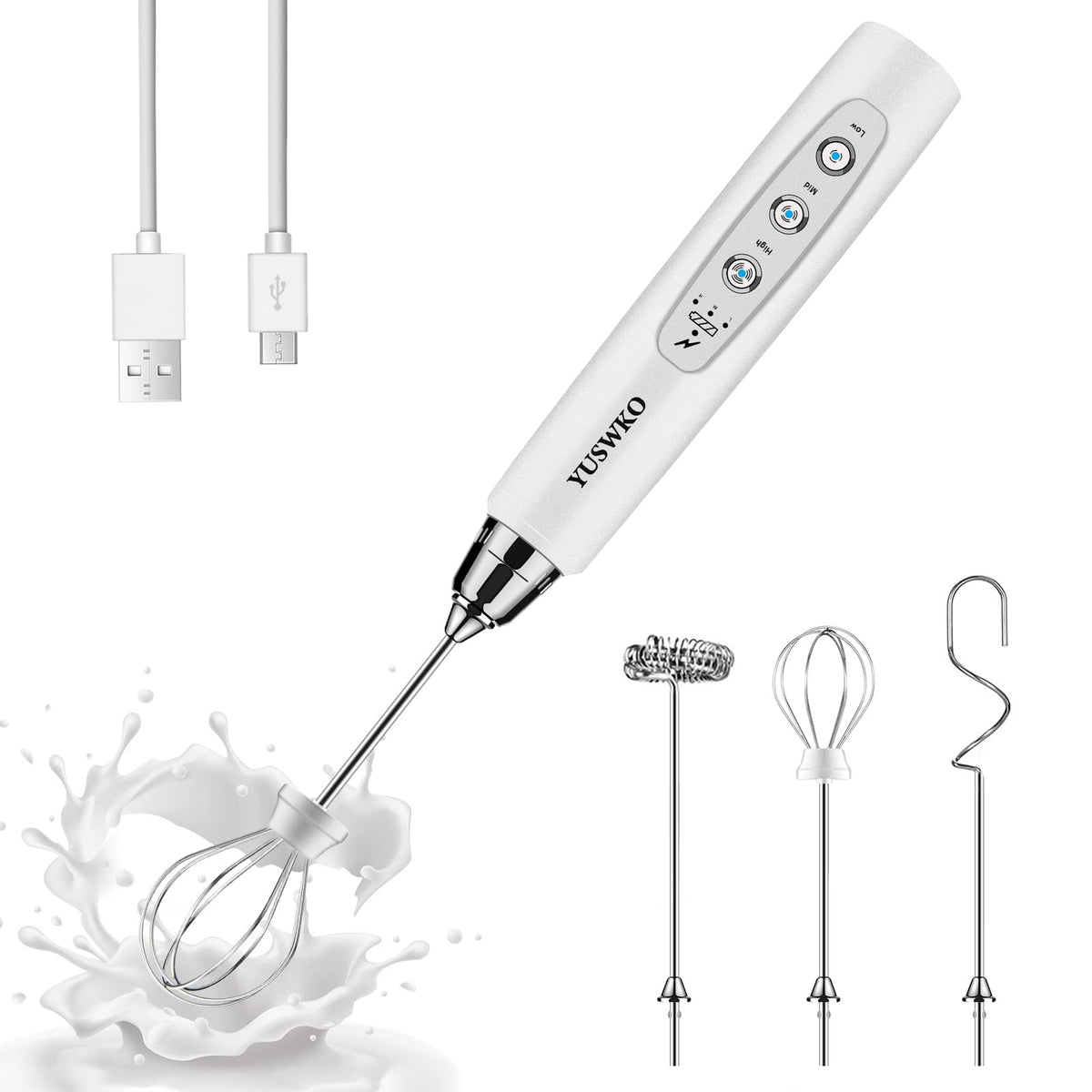 YUSWKO Handheld Milk Frother Wand for Coffee, Rechargeable Electric Whisk
