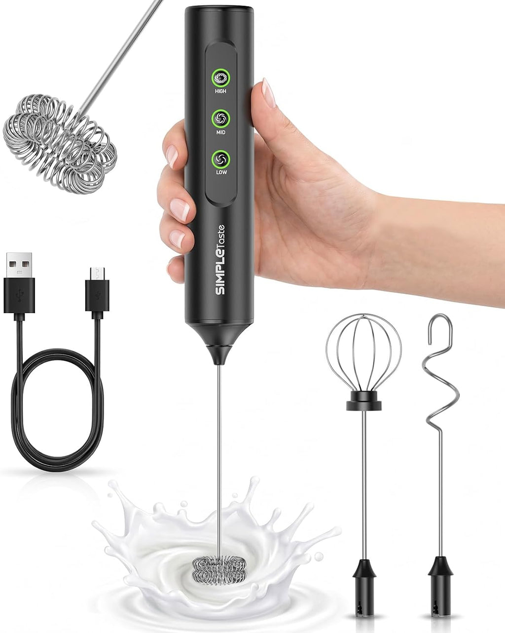 SIMPLETASTE Rechargeable Handheld Milk Frother Wand