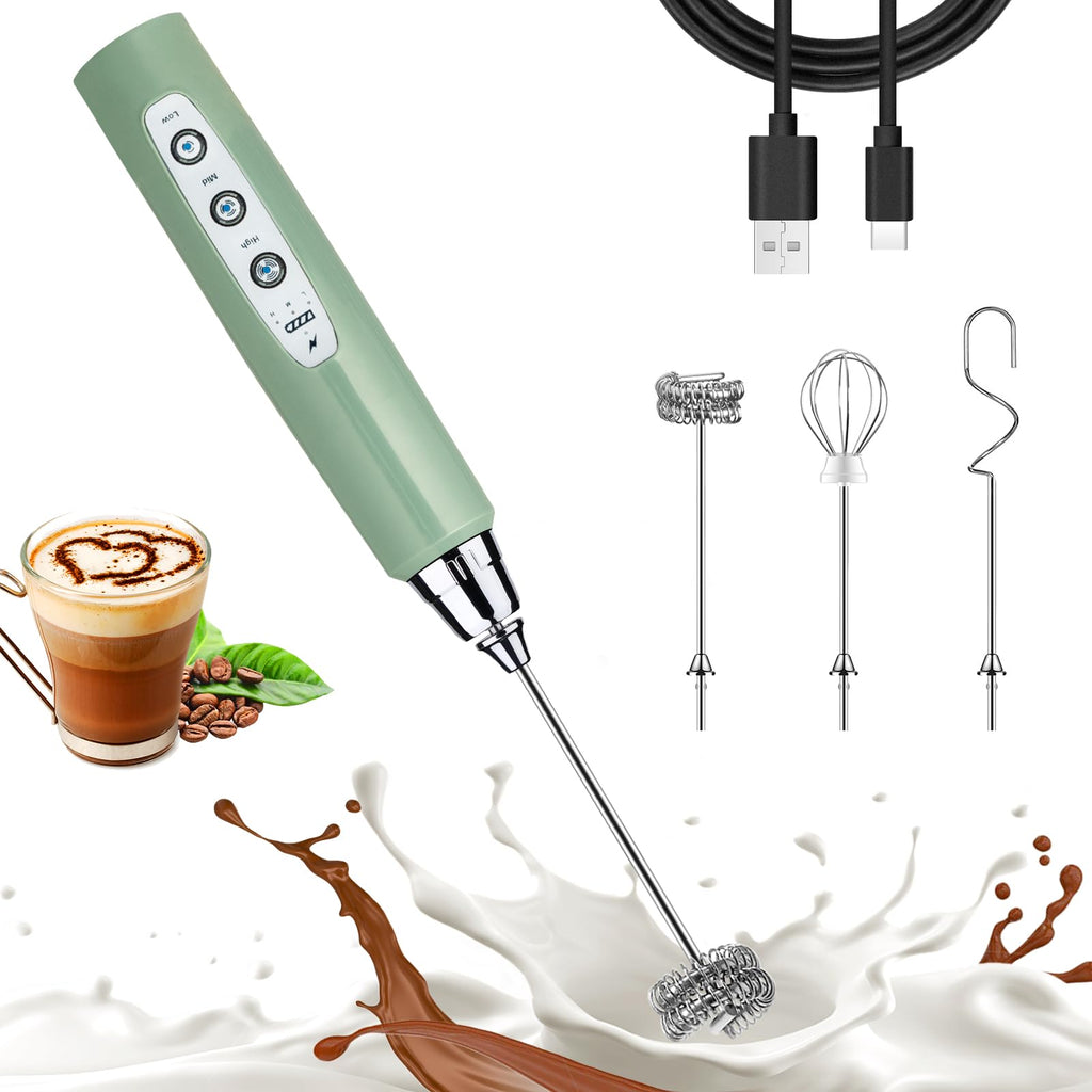 Nahida Black Milk Frother Wand for Coffee, Frother Handheld Rechargeable Electric Whisk Drink Mixer with 3 Heads 3 Speeds Coffee Frother Electric Stirrer For Latte, Cappuccino, Hot Chocolate
