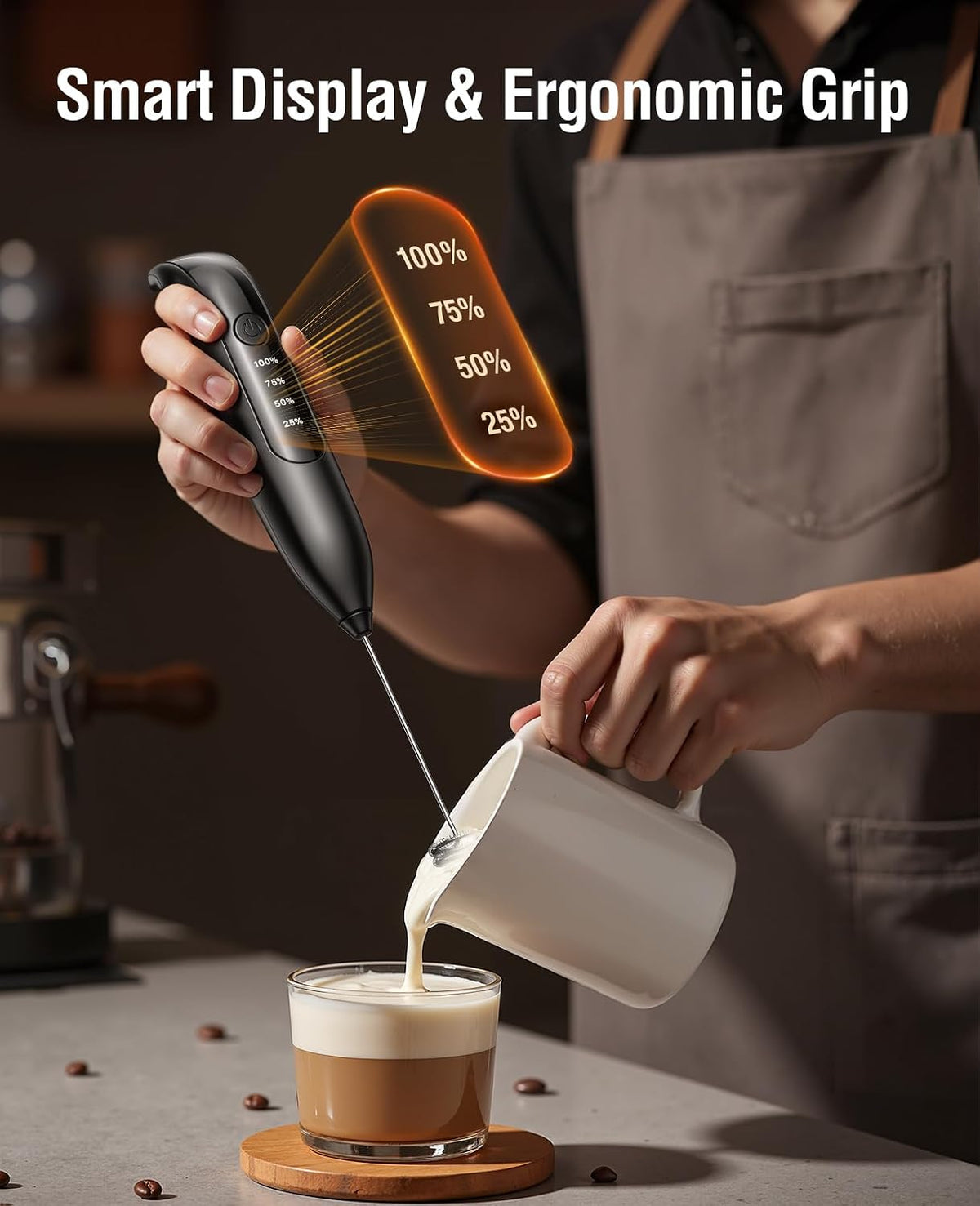 Milk Frother Handheld: LED & Wireless Charge, 3 Heads 3 Speeds