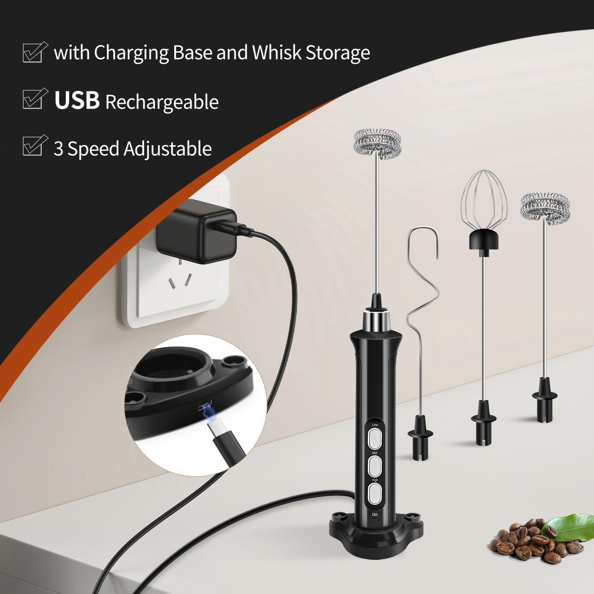 Rechargeable Milk Frother Handheld 3 Speed Adjustable with 3 Detachable Stainless Whisks, Handheld Coffee Frother, Drink Mixer for Coffee, Matcha, Protein Shakes, with Charging Base and Whisk Storage