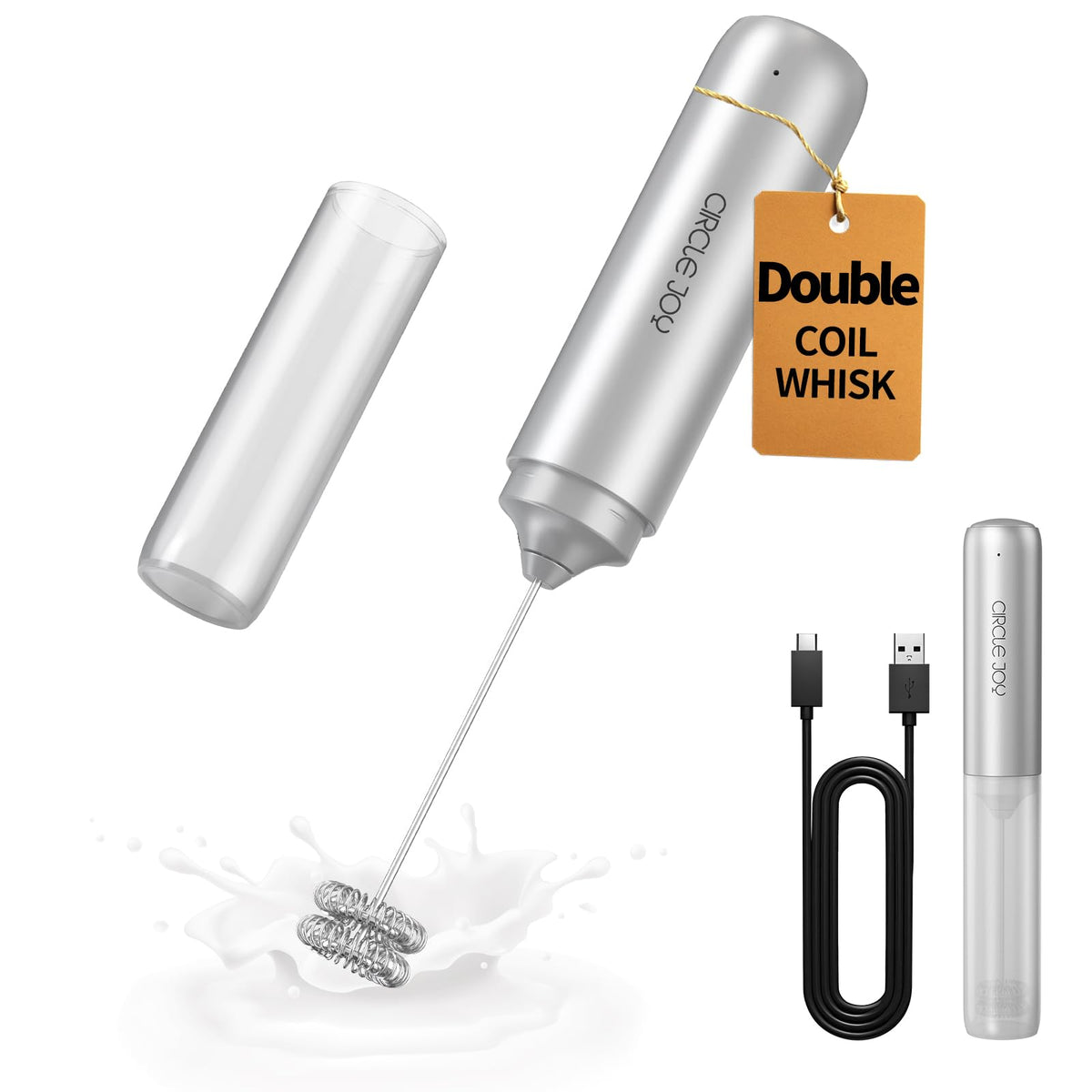 CIRCLE JOY Rechargeable Milk Frother Handheld, Dual Coil Whisk Head Electric Coffee Frother, Portable Hand Frother Wand Drink Mixer for Matcha Lattes Cappuccino, Kitchen Gifts, Black