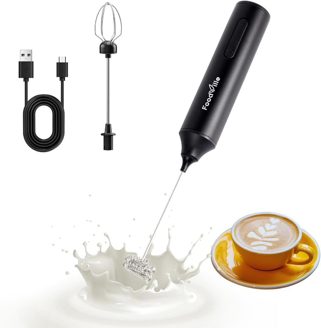 FoodVille MF05 Rechargeable Milk Frother USB Charging Handheld Foam Maker with Stainless Balloon Whisk for Cappuccino, Latte, Bulletproof Coffee, Keto Diet, Protein Powder, Matcha (Black)