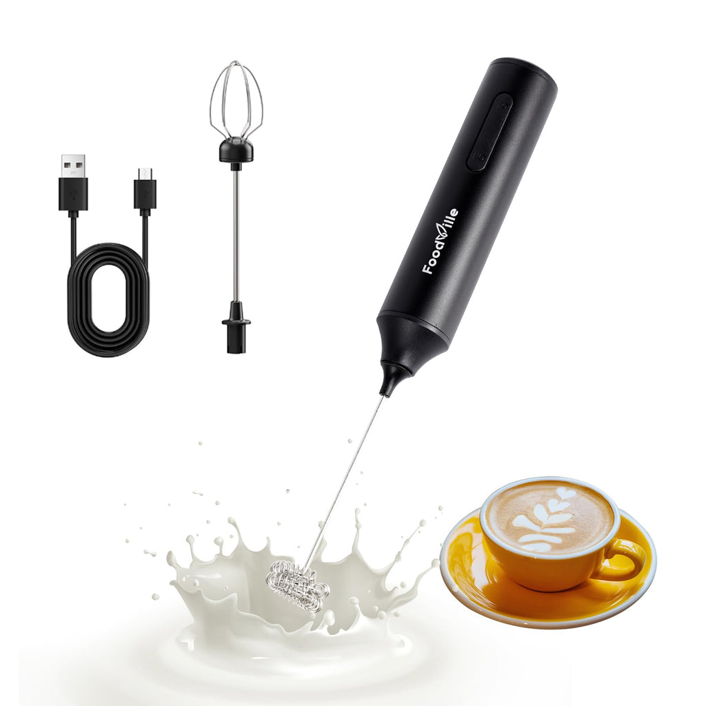 FoodVille MF05 Rechargeable Milk Frother USB Charging Handheld Foam Maker with Stainless Balloon Whisk for Cappuccino, Latte, Bulletproof Coffee, Keto Diet, Protein Powder, Matcha (Black)