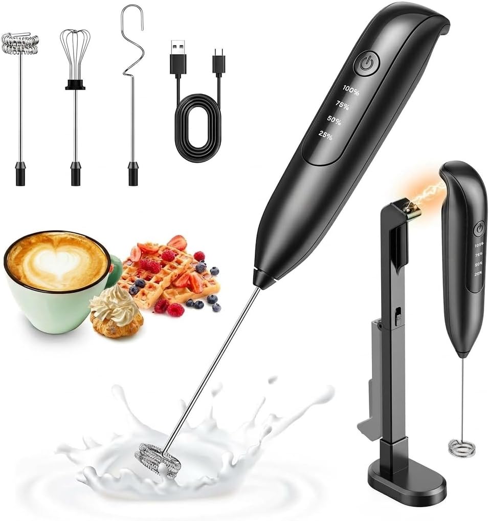 Milk Frother Handheld: LED & Wireless Charge, 3 Heads 3 Speeds
