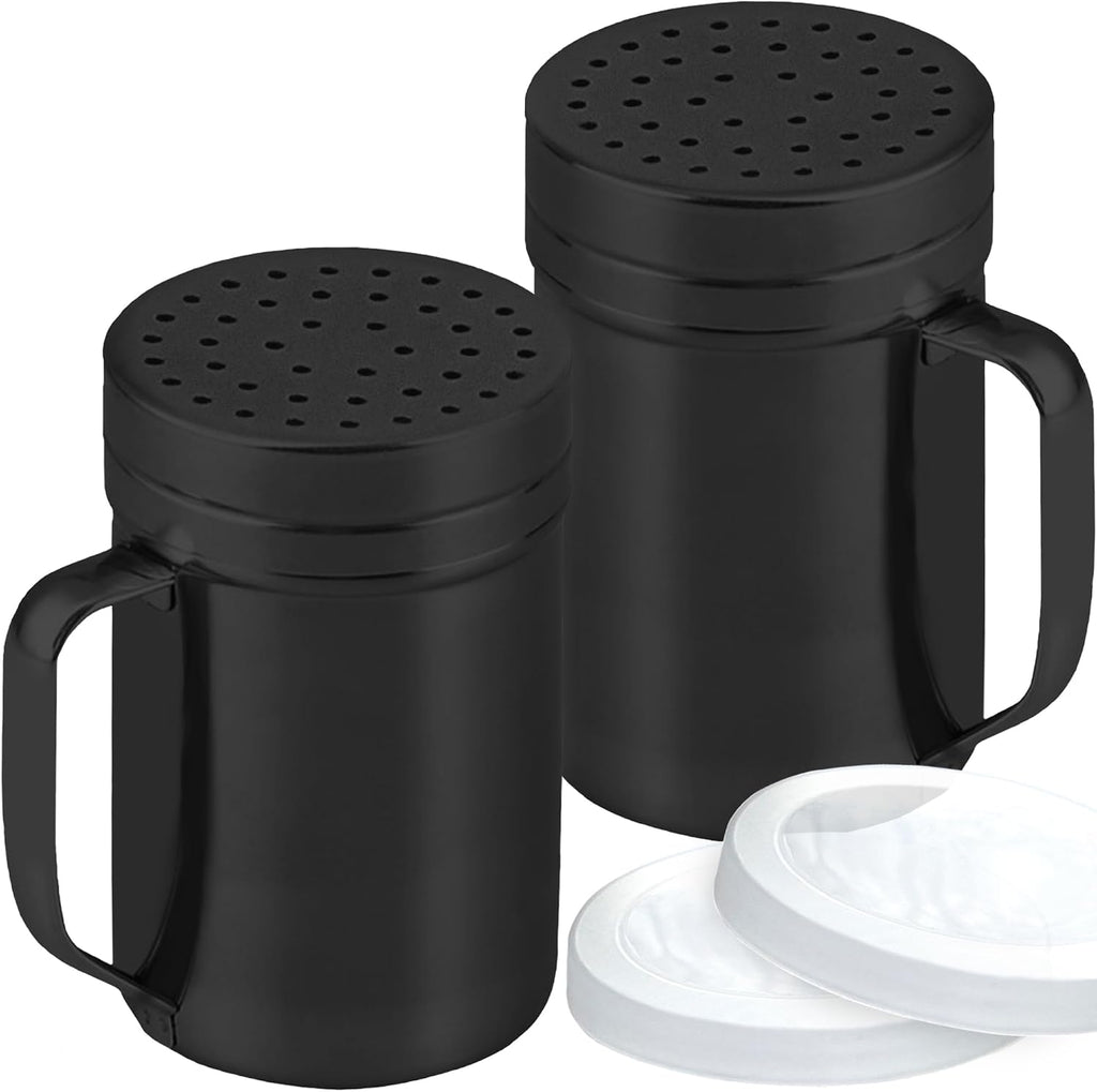 CUSINIUM Metal Salt Pepper Dredge Shakers - With Handle - Seasonings Spice Shakers With Holes and Lids - 10 Ounce, 2pcs | Style: Medium