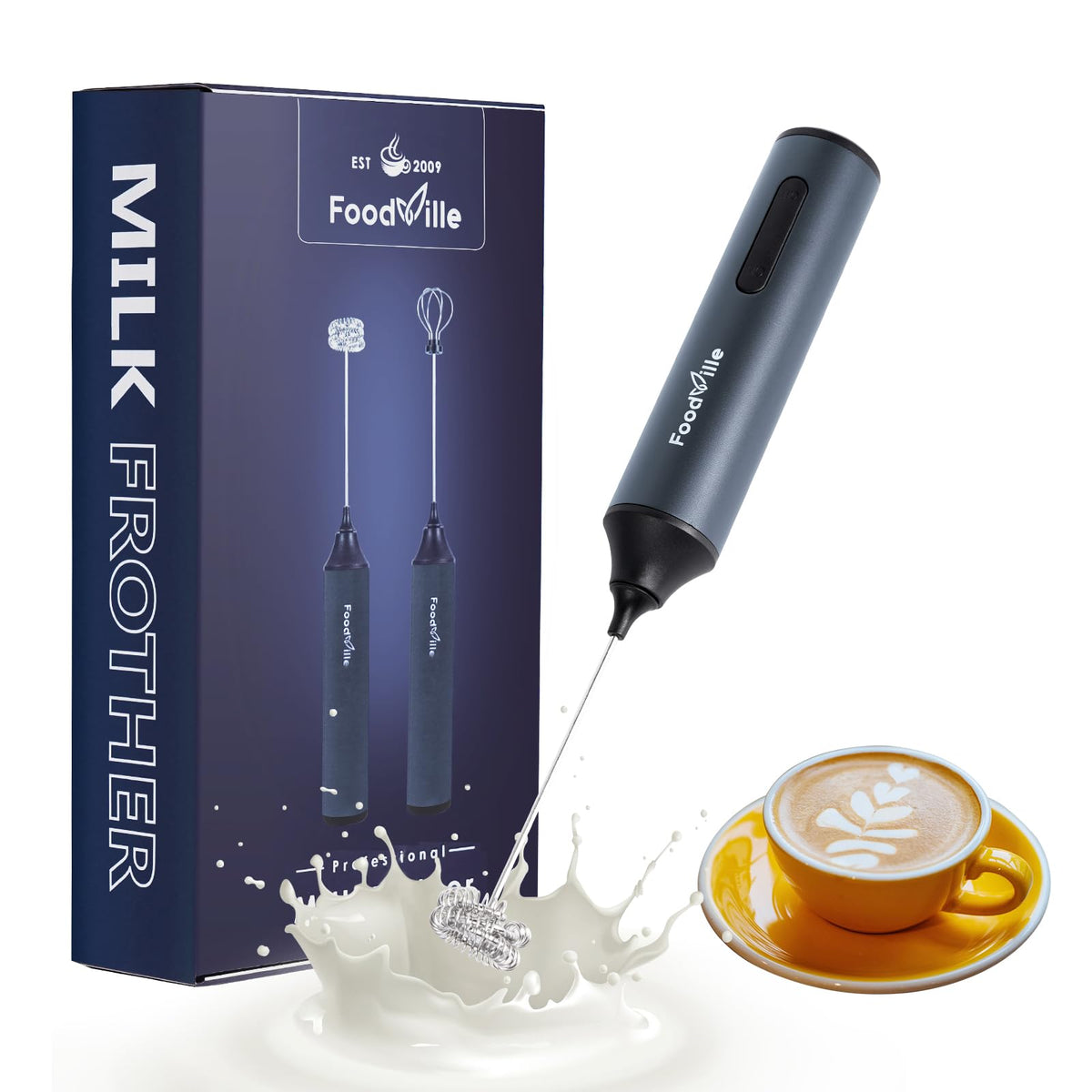 FoodVille MF05 Rechargeable Milk Frother USB Charging Handheld Foam Maker with Stainless Balloon Whisk for Cappuccino, Latte, Bulletproof Coffee, Keto Diet, Protein Powder, Matcha (Black)