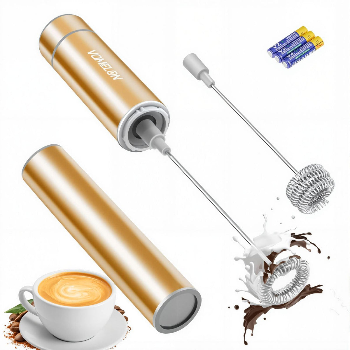 Milk Frother Handheld, Battery Operated Travel Coffee Frother Milk Foamer Drink Mixer with 2 Stainless Steel Whisks for Hot Chocolate, Batteries Included, Silver