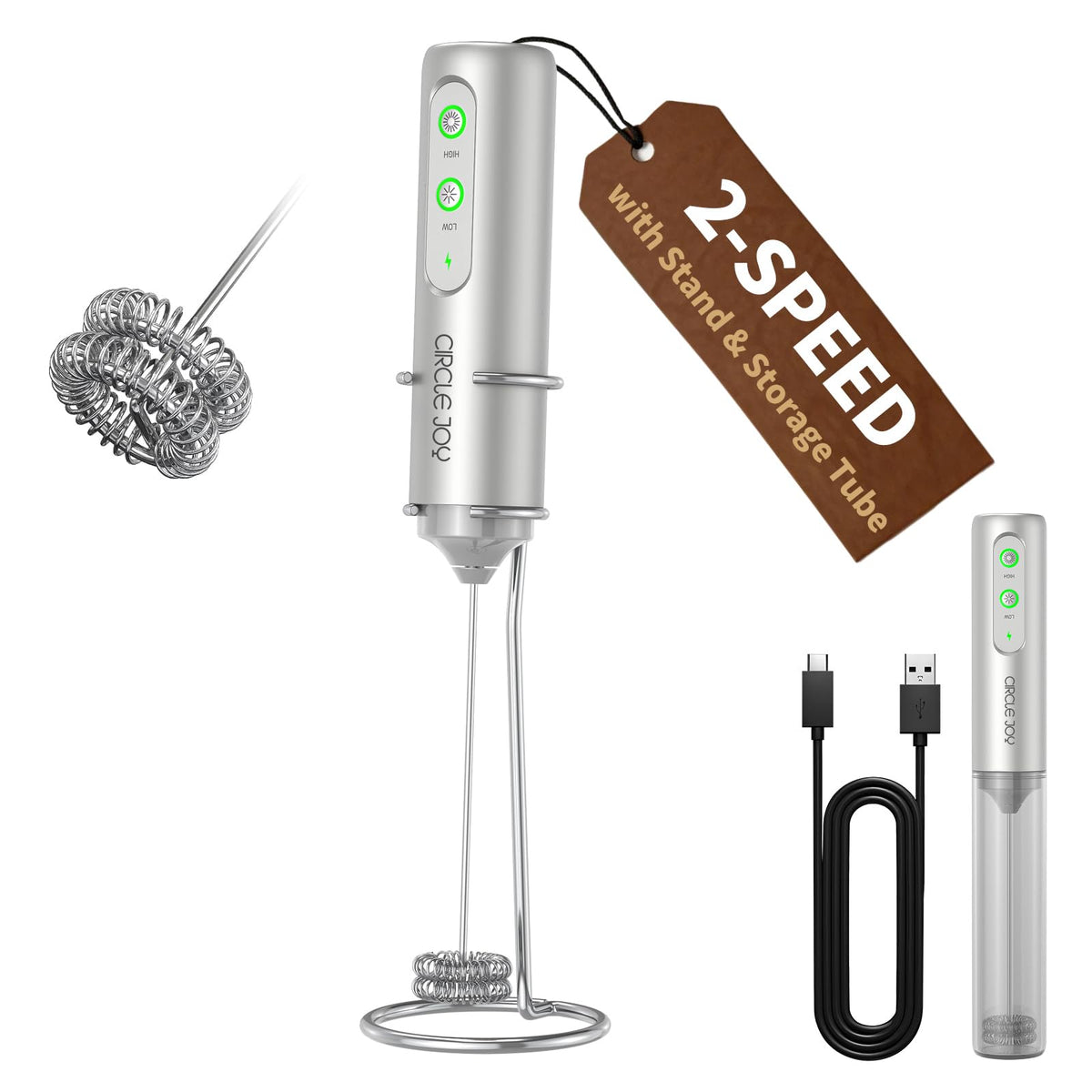 CIRCLE JOY Rechargeable 2-Speed Handheld Milk Frother with Stand, Dual Spring Whisk Electric Foamer, Portable & Detachable Coffee Frother Wand, Drink Mixer for Lattes, Macchiato, Hot Chocolate, Silver