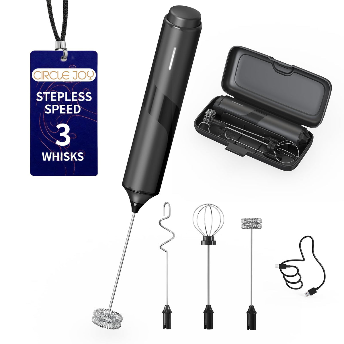 CIRCLE JOY Rechargeable Handheld Milk Frother Wand with Stand, 3 Variable Speeds, 3 Whisks and Storage Box, Electric Drink Mixer for Latte, Cappuccino, Hot Chocolate, Eggs and Protein Powder, Black