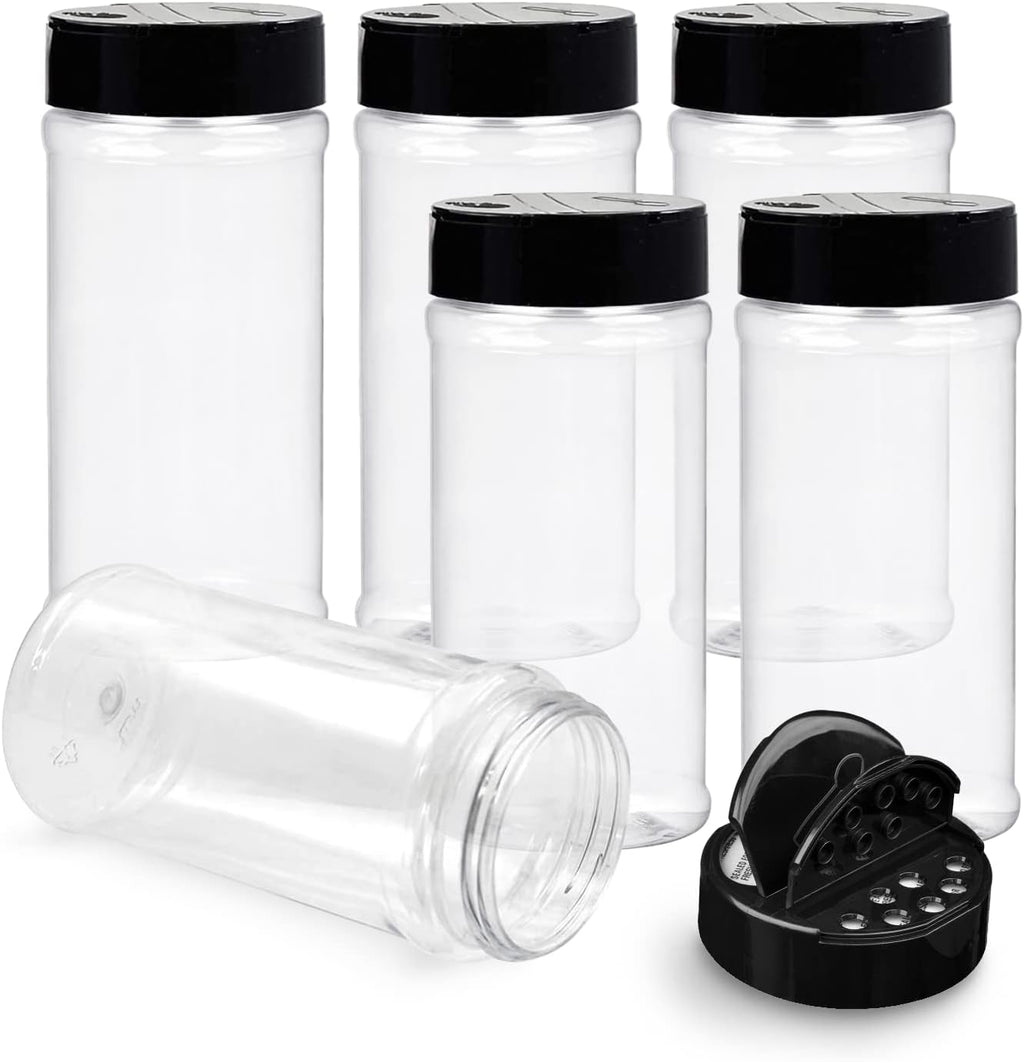 Plastic Spice Jars Bottle Containers with Black Cap, 16 Oz, 6 Pack