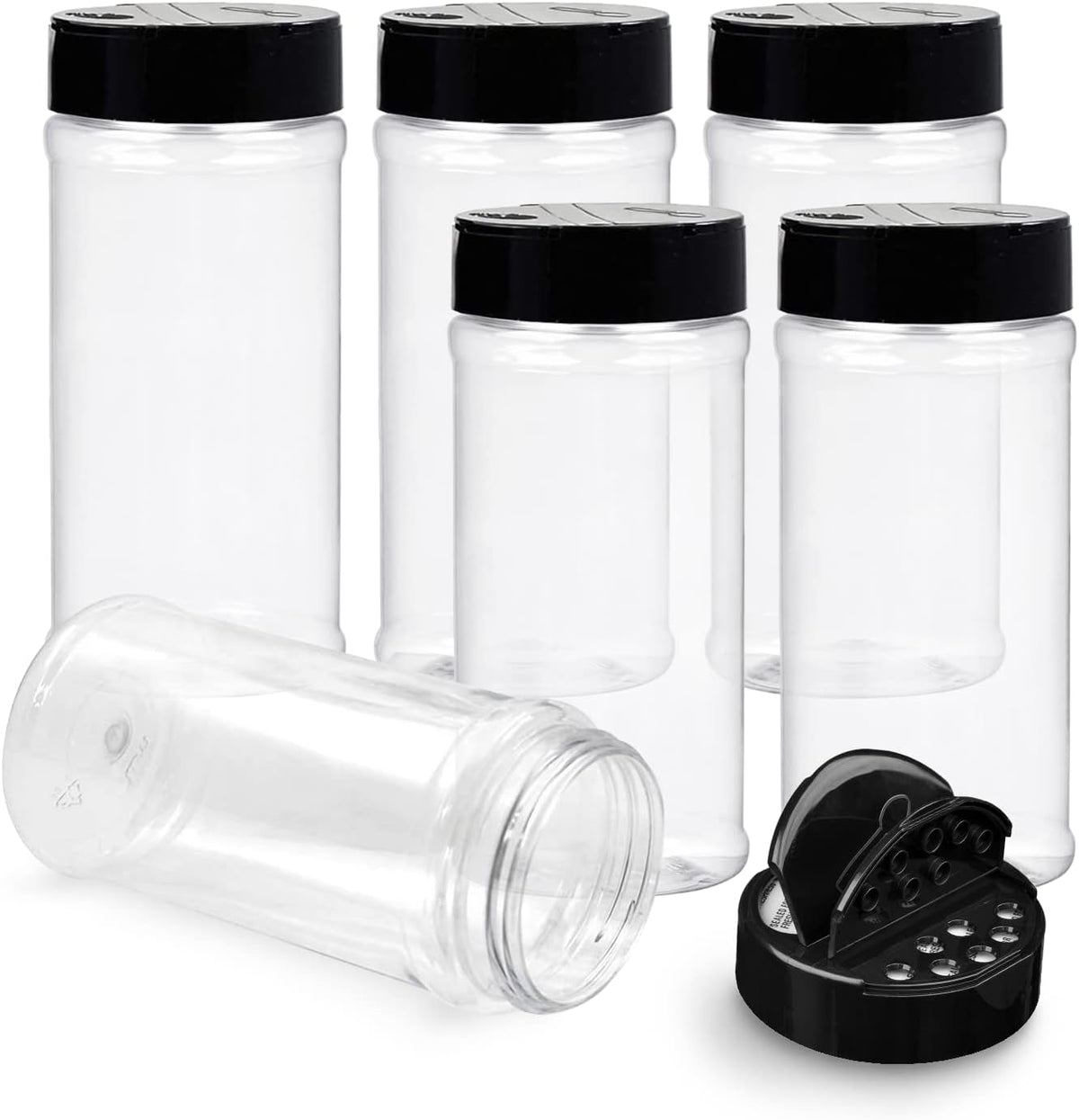 Plastic Spice Jars Bottle Containers with Black Cap, 16 Oz, 6 Pack
