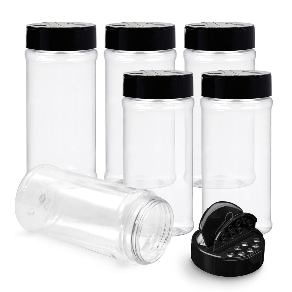 Plastic Spice Jars Bottle Containers with Black Cap, 16 Oz, 6 Pack