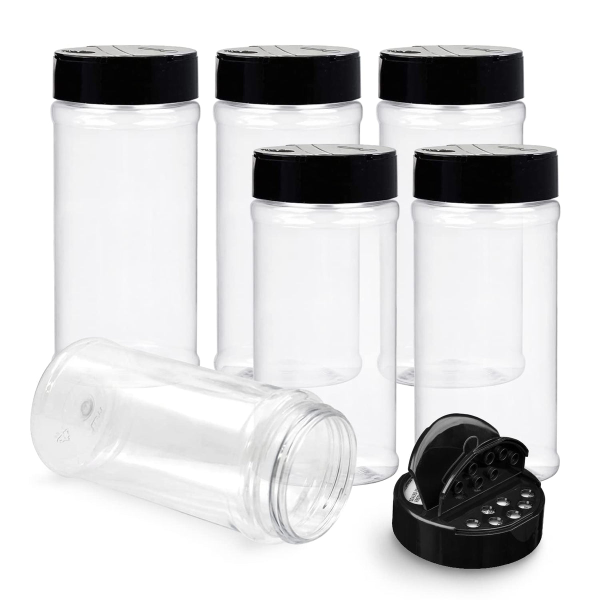 Plastic Spice Jars Bottle Containers with Black Cap, 16 Oz, 6 Pack