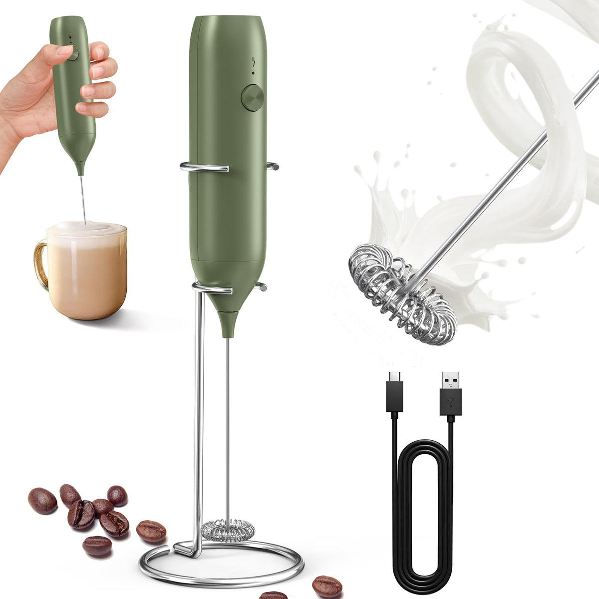 CIRCLE JOY Rechargeable Milk Frother Handheld with Stand, Dual Spring Whisk Head Electric Coffee Frother Foam Maker, Portable Drink Mixer for Cappuccino, Latte, Matcha, Black