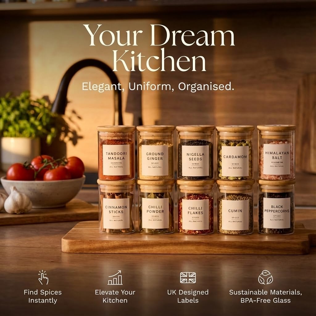 Glass Spice Jars with Labels-12 Pack- 6.8oz- 360 Labels- Spice Containers with Bamboo Lids -Spices Organization for Cabinet-Drawer-Rack-Seasoning containers-herbs- Organizer-Spices Bottles