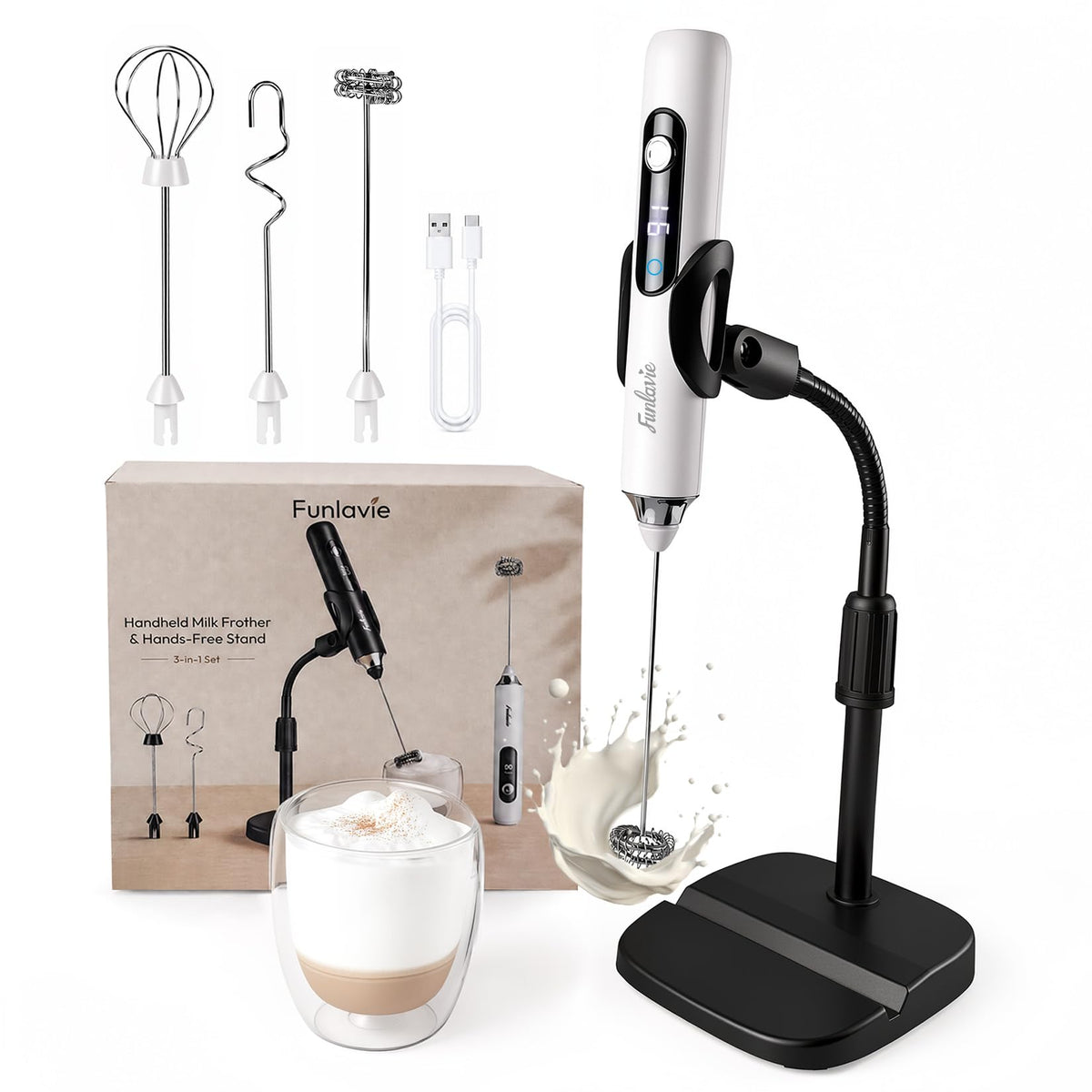 Rechargeable Handheld Milk Frother Wand with 3 Detachable Heads
