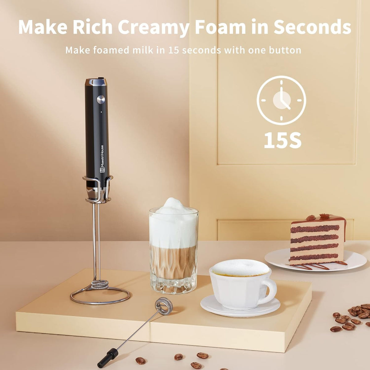 Maestri House Rechargeable Milk Frother,Stand & 3 Detachable Whisks