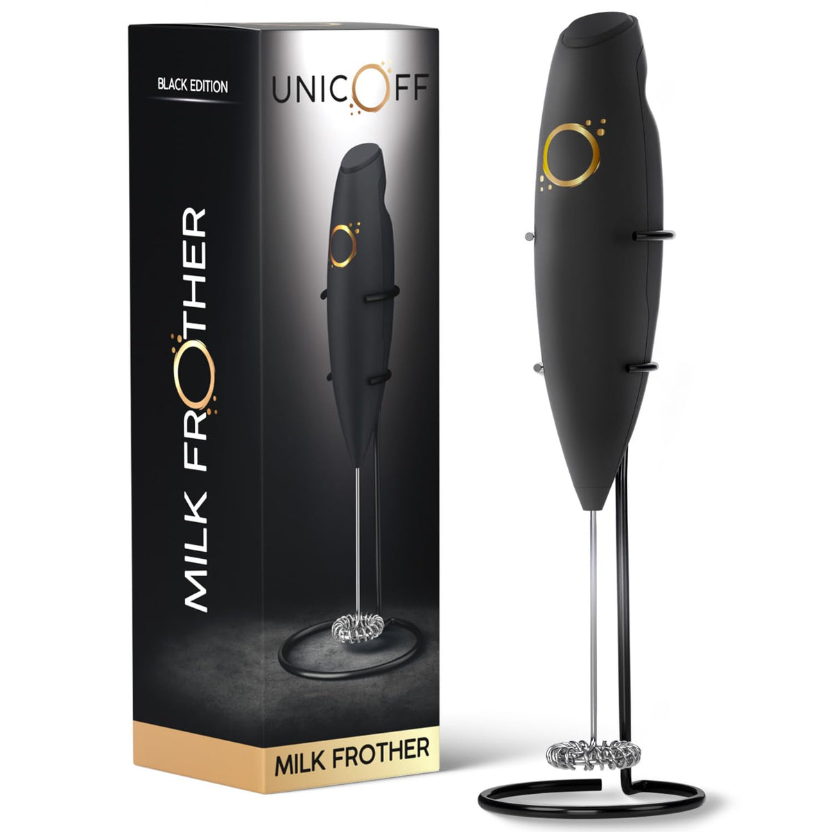 Milk Frother White - Coffee Frother Handheld with Electric Whisk - 19000 rpm - Book Recipes and Stainless Steel Stand Included - Hand Mixer Electric (White and Gold)