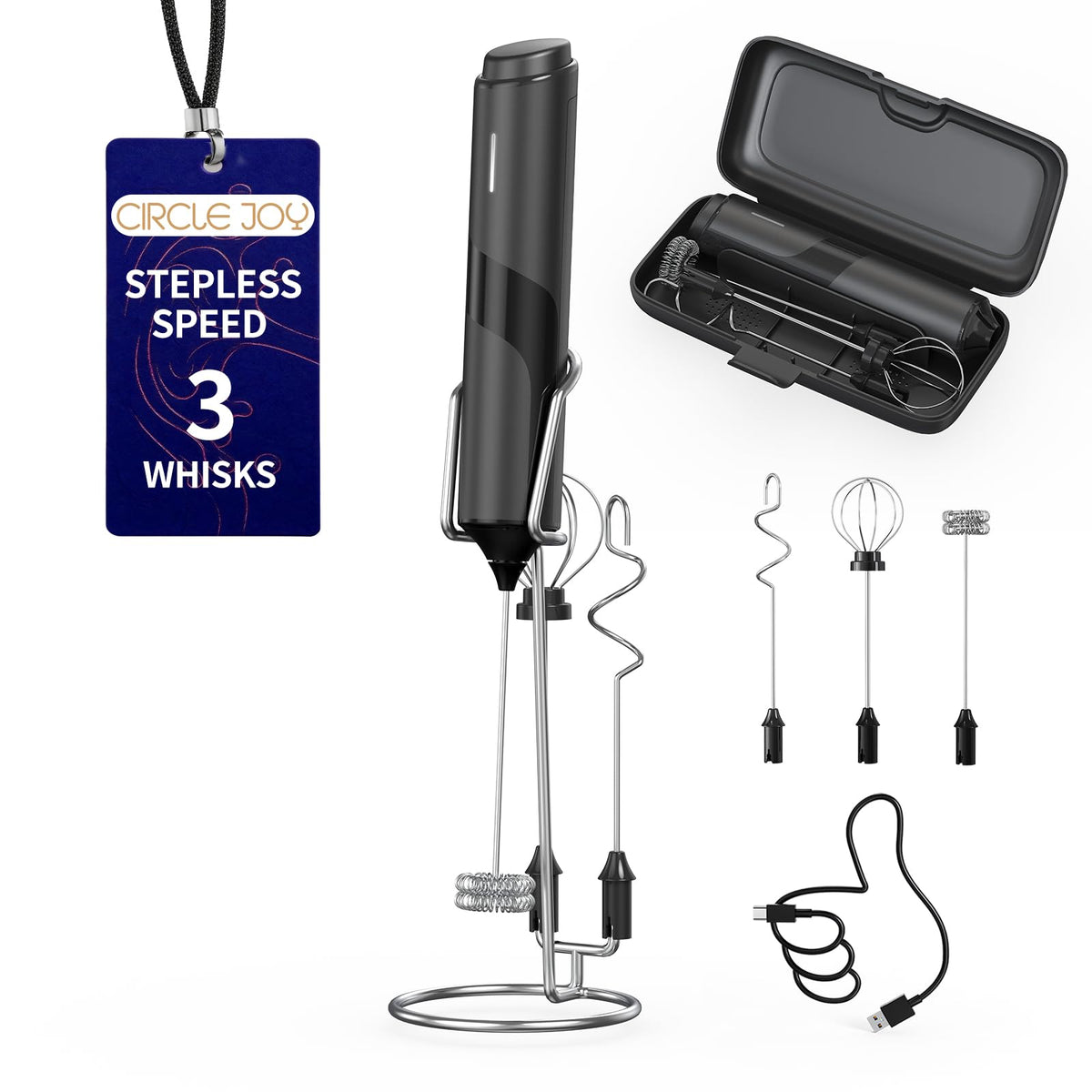 CIRCLE JOY Rechargeable Handheld Milk Frother Wand with Stand, 3 Variable Speeds, 3 Whisks and Storage Box, Electric Drink Mixer for Latte, Cappuccino, Hot Chocolate, Eggs and Protein Powder, Black